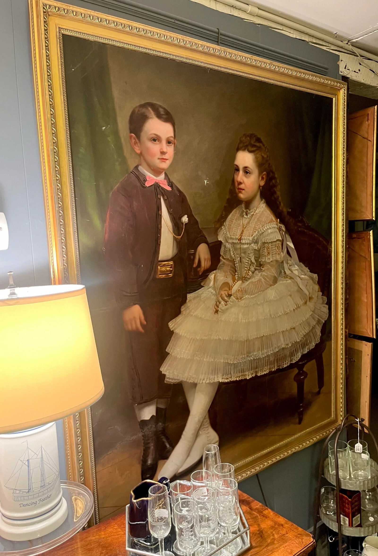 Mid 1800s Oversized Portrait Painting of Nantucket Sea Captain's Jared Coffin's Children, Framed - 2