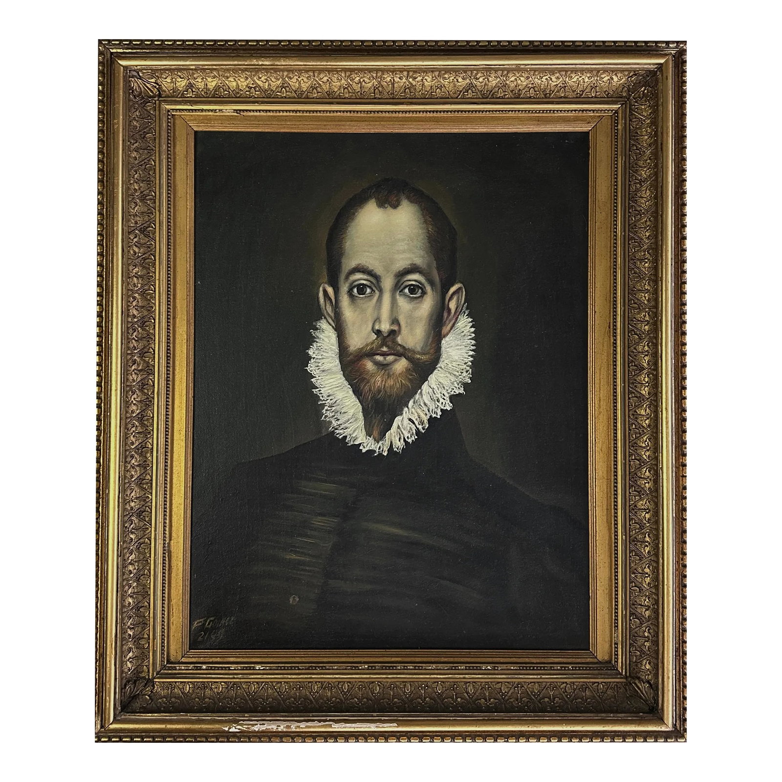 Vintage Mannerist Style Portrait of Nobleman (In the Manner of El Greco), Signed (Oil on Canvas): Vintage Mannerist Style Portrait of Nobleman (in the manner of El Greco). Most likely a portrait after Don Alonso Martinez de Leyva by De Greco. Signed illegibly in the bottom left corner. Oil on