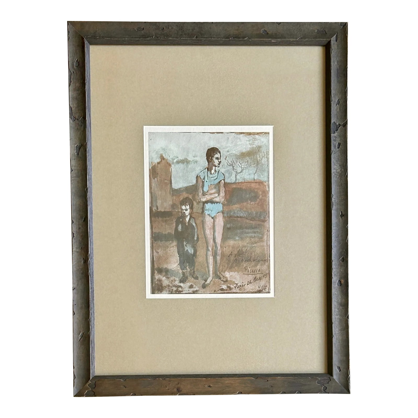Pablo Picasso Harlequin and Boy Pochoir Print Vintage Original Signed: This is an extraordinarily rare Pablo Picasso collotype with pochoir, titled "Harlequin and Boy". It is after the fantastic original Picasso drawing done in 1905, early in his career. This is NOT a