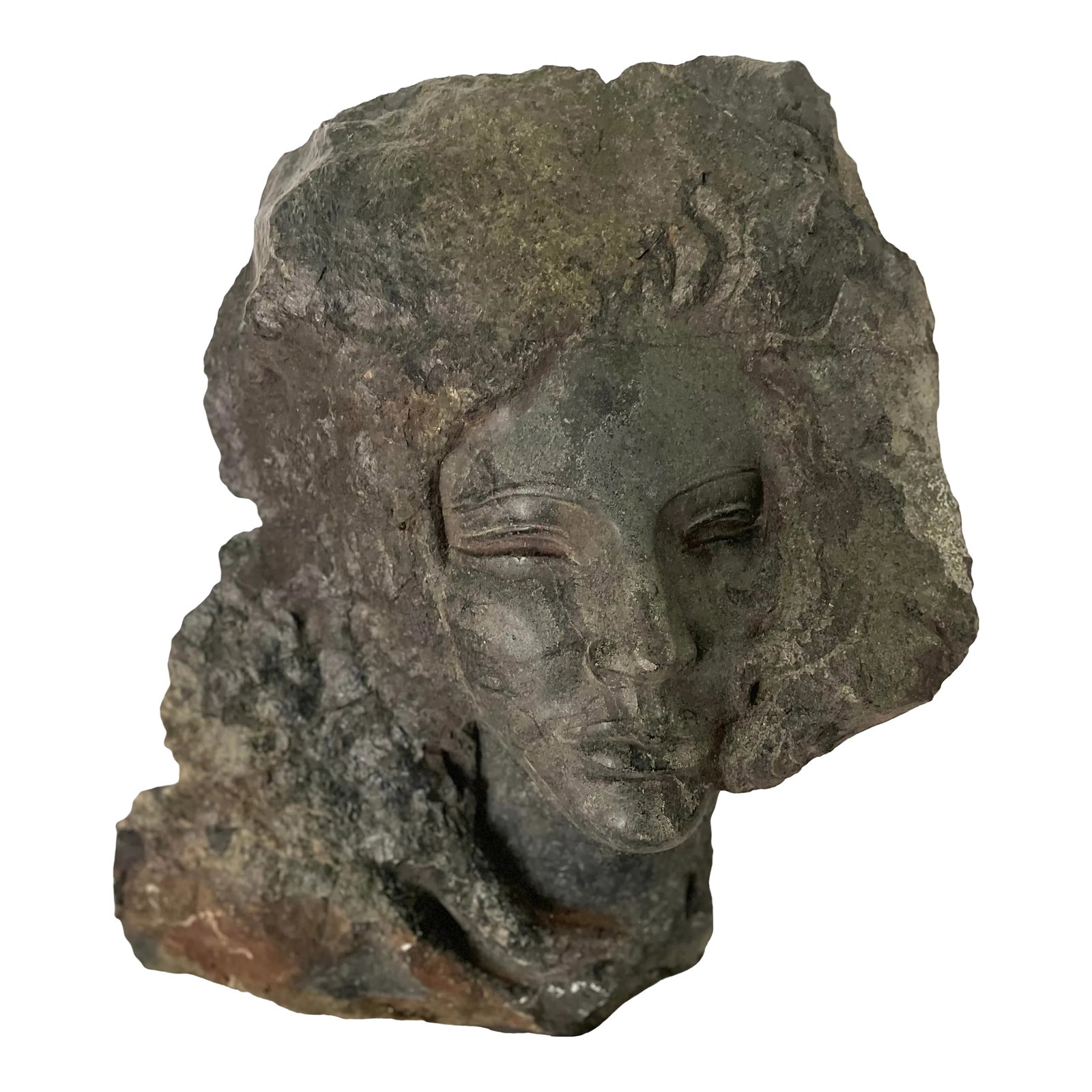 Female Sculpture Carved Stone Bust of a Woman Signed by Artist Charles Cutler - Mid Century: Medusa's gaze meets timeless elegance in this massive and beautiful statement piece of art. This Female Sculpture is an intricately Carved Stone masterpiece a large Bust of a Woman, Signed by Artist