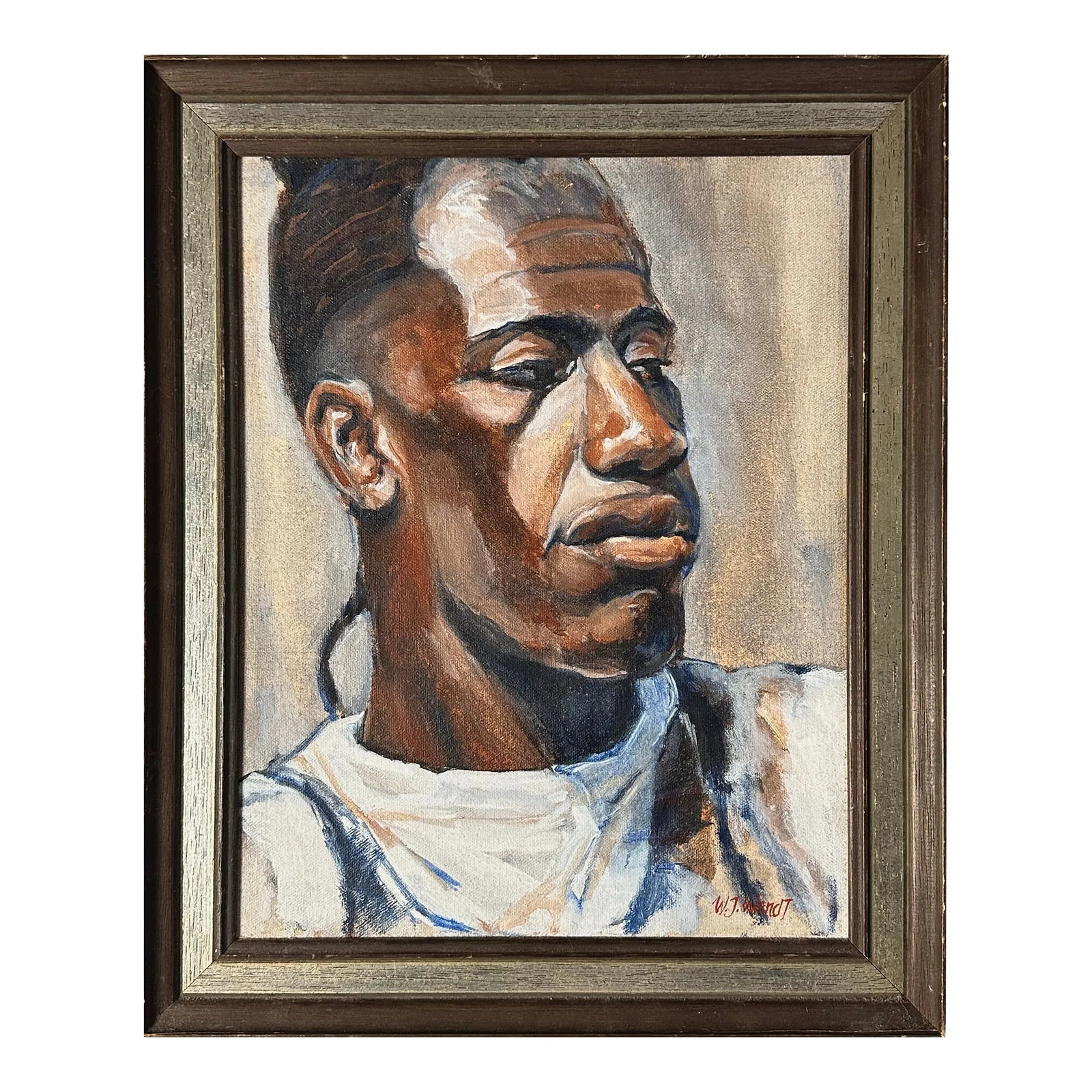 Vintage Expressionist Portrait of Black Man by William Wendt, Signed (Oil on Canvas): Vintage Expressionist Portrait of Man by William Wendt, Signed (c. 1980, Oil on Canvas). Titled 'Jahad' en verso. Housed in a wood frame with a silver inset trim. Signed in the lower right corner. In 