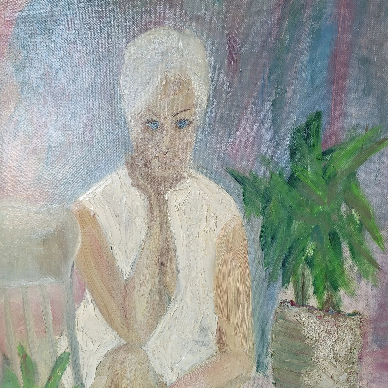 1960's "Woman With Blue Eyes" Expressionist Oil Painting on Canvas Board by Rosemary Rabut - 2
