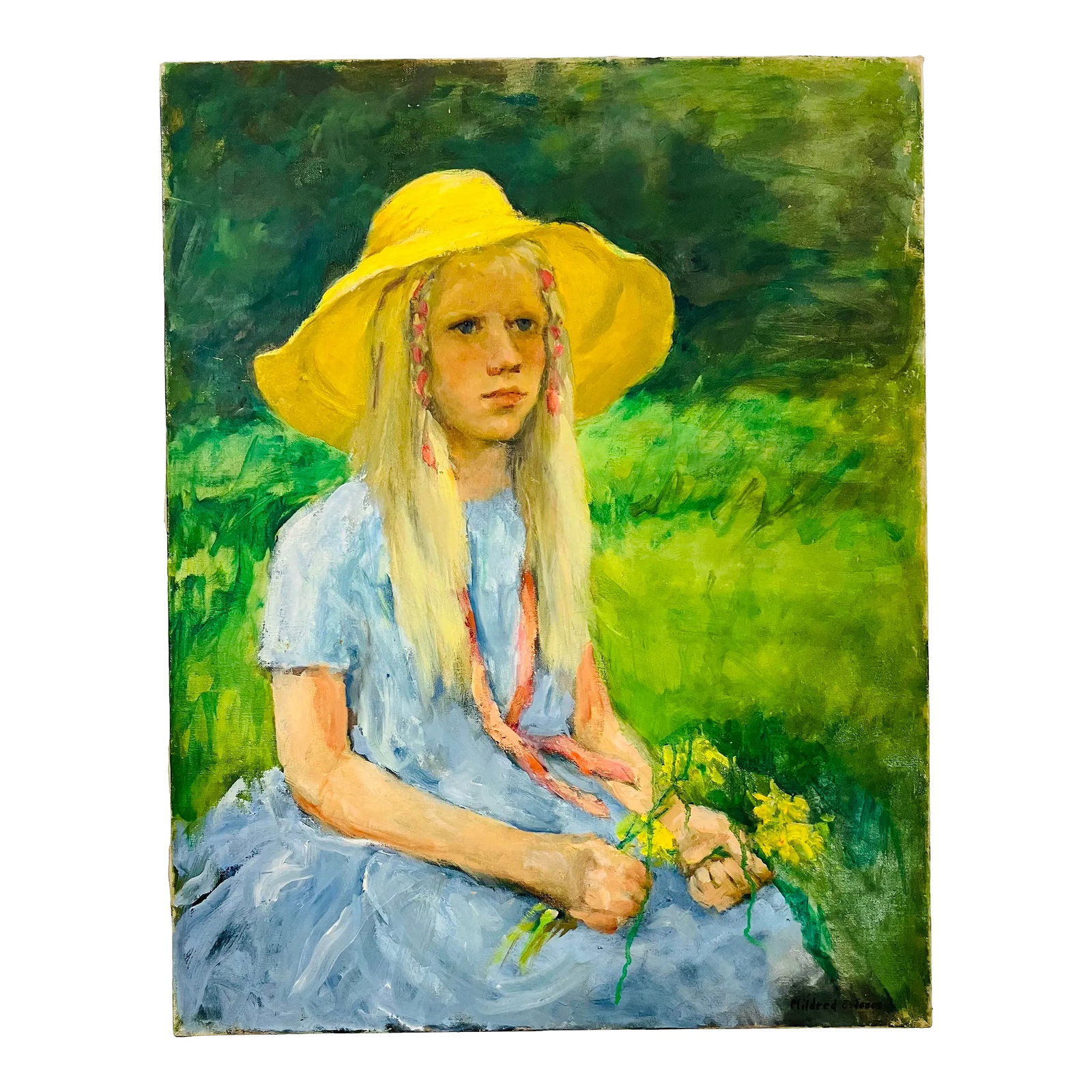 1980s "Portrait of Daisy" Original Oil Painting by Mildred C. Jones: This oil painting of Daisy was painted by Mildred C.Jones (1899-1992) in the 80's. Mildred Jones was born in Scranton, Pa She studied in Paris at the Paris Academies Under Henri Royer She lived in