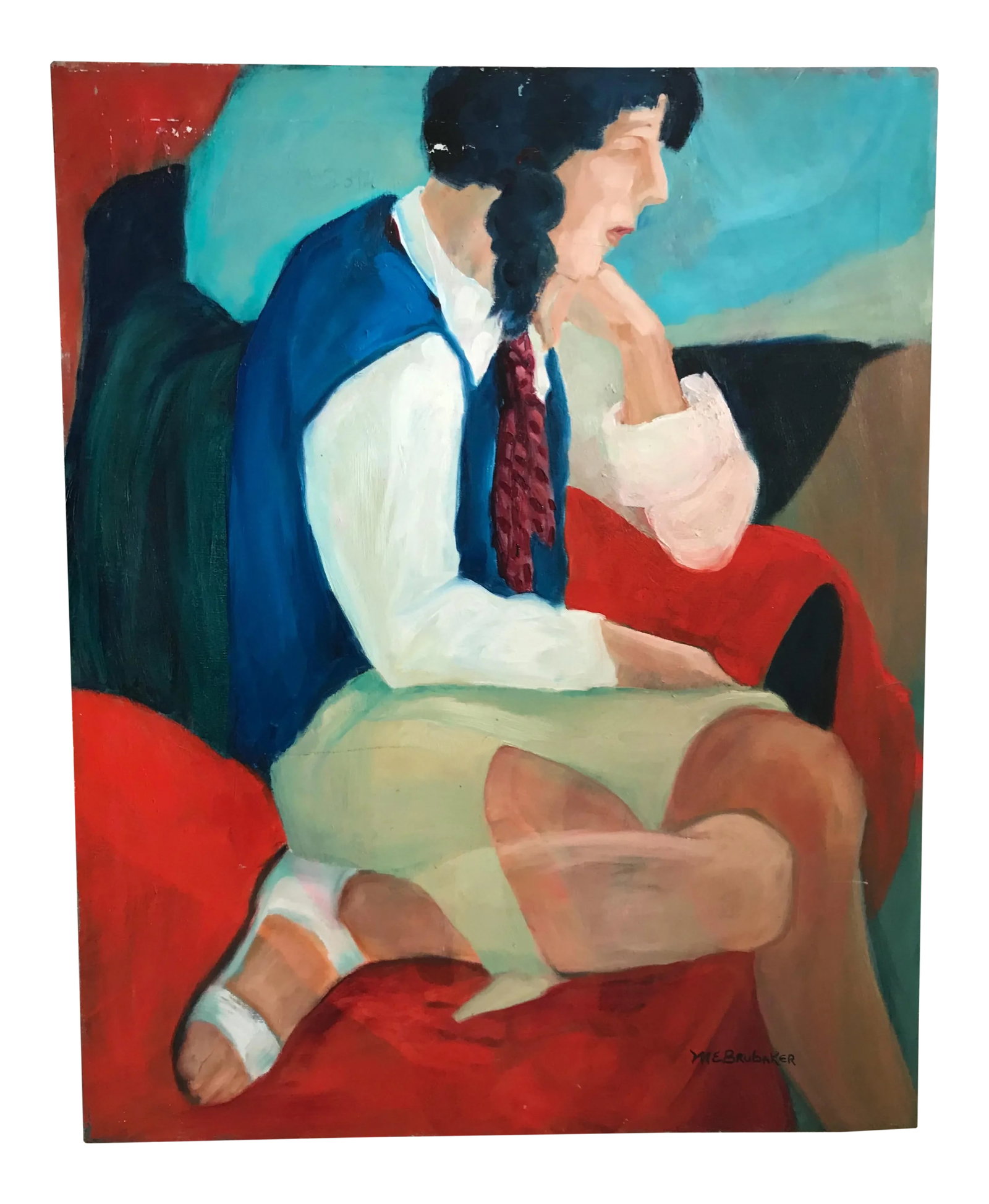 Late 20th Century Molly Brubaker Seated Woman Portrait Painting: This painting was made in the late 20th century by Monterey artist Molly Brubaker. The artist produced a considerable amount of paintings during her life and was an art collector herself. The piece