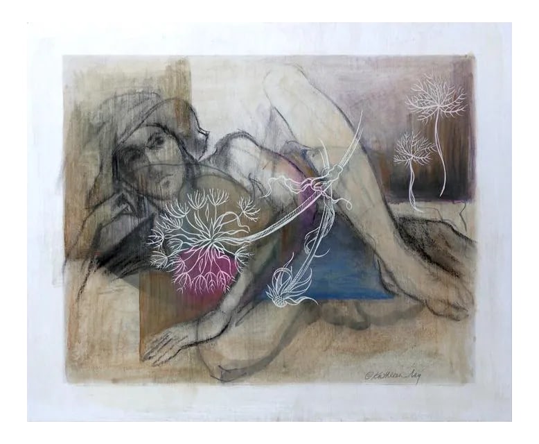 Abstract Mixed Media Drawing by Kathleen Ney, "Woman in a Hat": A semi abstract mixed media drawing and painting of the figure with botanical. This piece has several layers of drawings which give it richness and depth. The paper size is 14" x 17", on prepared Cans