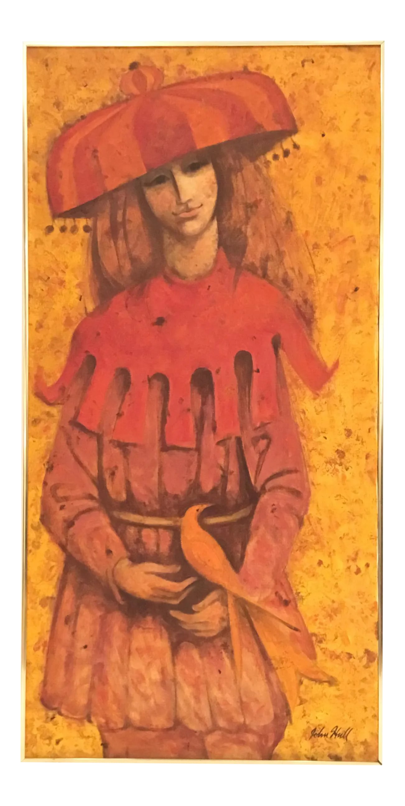 Mid-Century Modren Vintage Oil of Girl With a Bird Painting on Canvas: Unique Mid-Century Modren Vintage Oil of Whimsical Girl with a Bird Painting on Canvas, Brass Metal frame, Circa, 1960s. Condition: Imperfections: Some Imperfections Condition Notes: Showroom floor