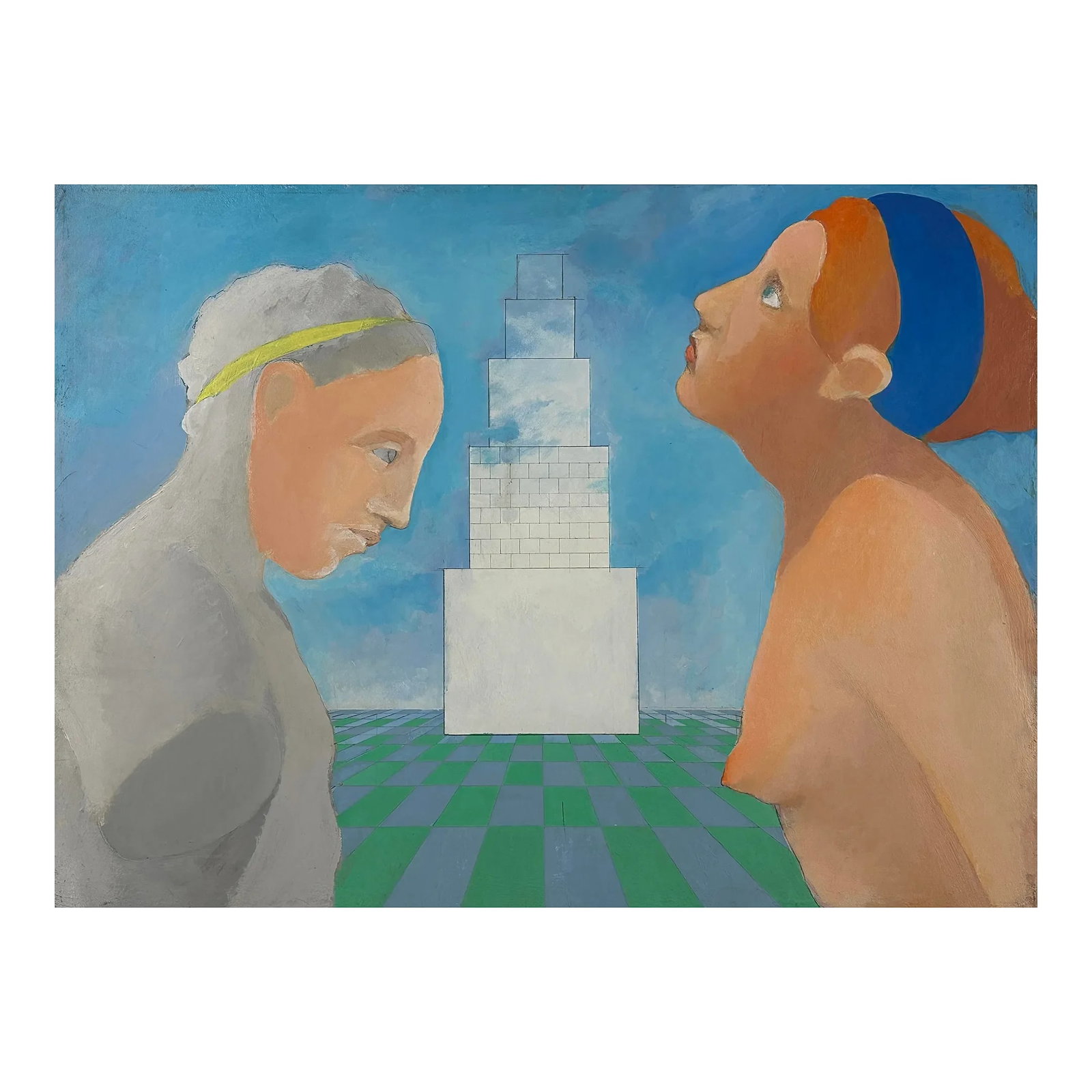 Vintage Postmodernist Surrealist Figurative Study, Oil on Canvas: Vintage Postmodernist Surrealist Figurative Study, Oil On Canvas. One woman and a sculpture face each other against a green checkered floor. Three tiered structure in the background. Signed and dated