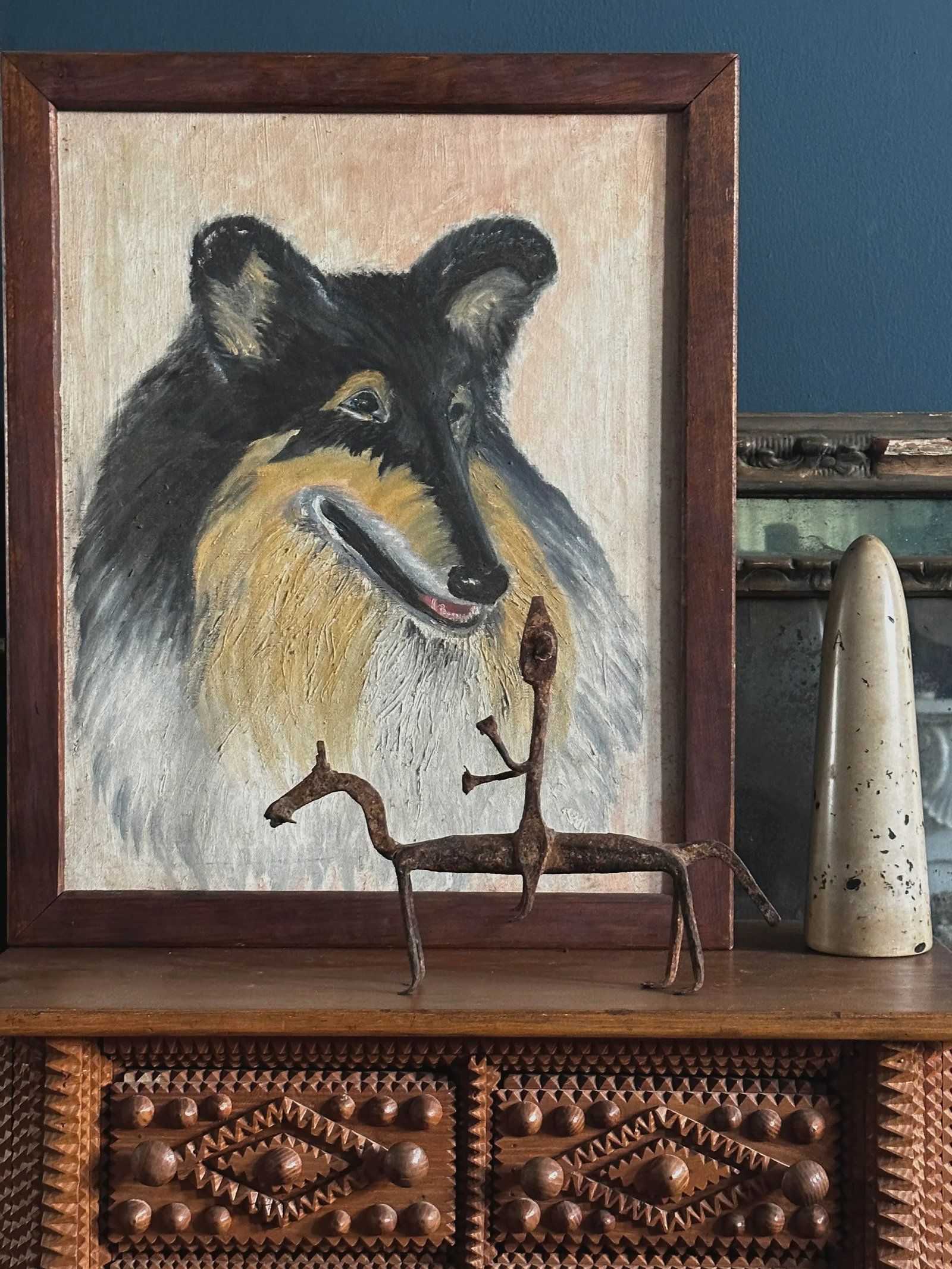Vintage Outsider/Folk Art Collie Dog Portrait, Framed (C. 1955, Oil on Canvas) - 2