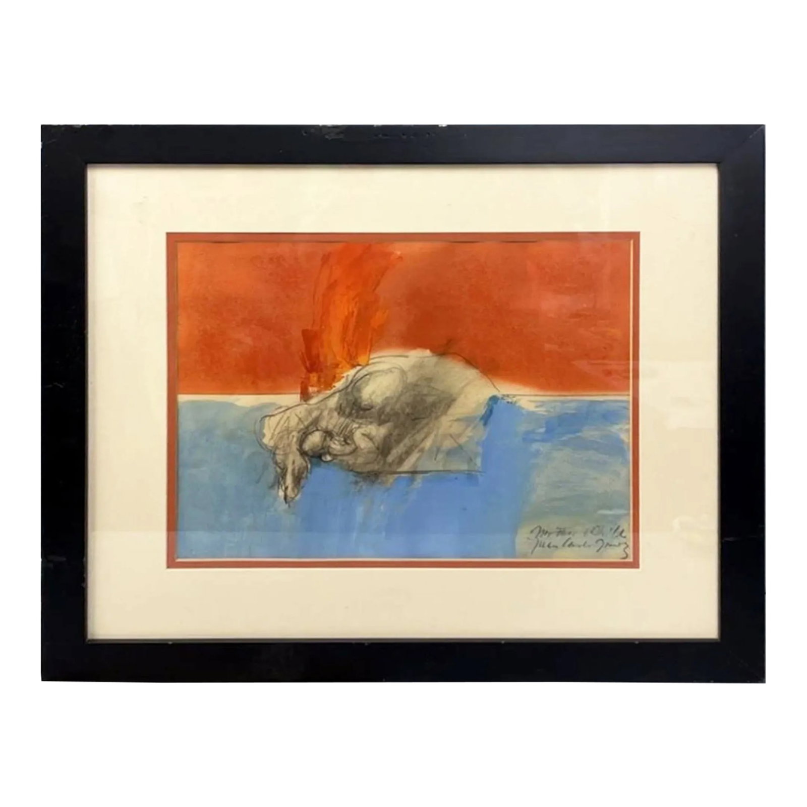 Mixed Media Watercolor by Juan Carlos Gomez "Mother & Child": Juan Carlos Gomez Circa 1970 Mixed Media Dimensions: 25.75" x 1.125" x 22.5" (overall) 16.25" x 13.125" (artwork) MCM Collection Highlight 6.25 GrpC 7.27 Condition: Alterations: Original Condition