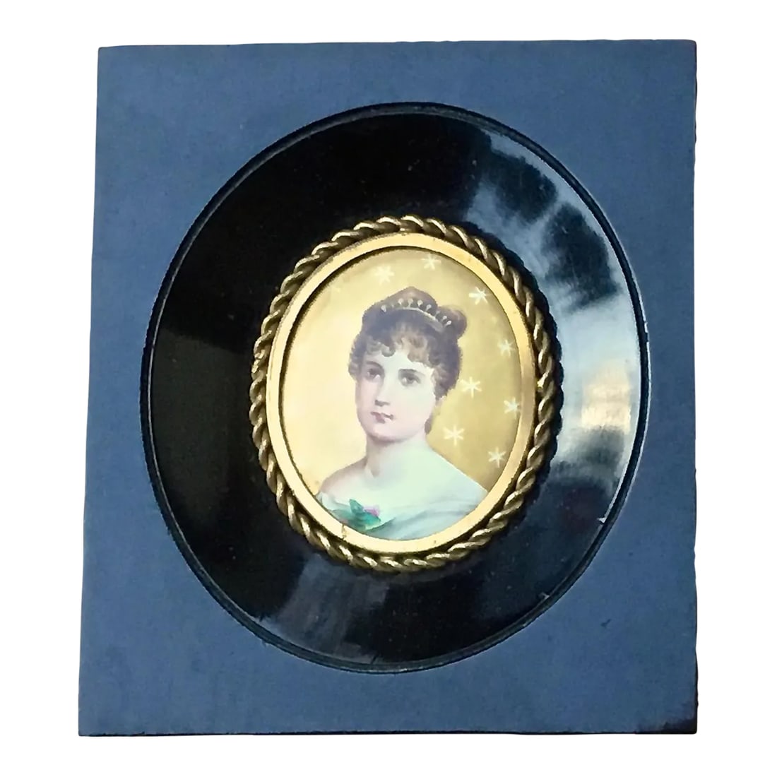 Antique Framed Porcelain Lady Portrait: Antique portrait of a lady hand-painted on porcelain. Displayed in an ebonized wood frame with brass rope trim under domed glass. Silk matting. Unsigned. Light wear. Condition: Alterations: Original C