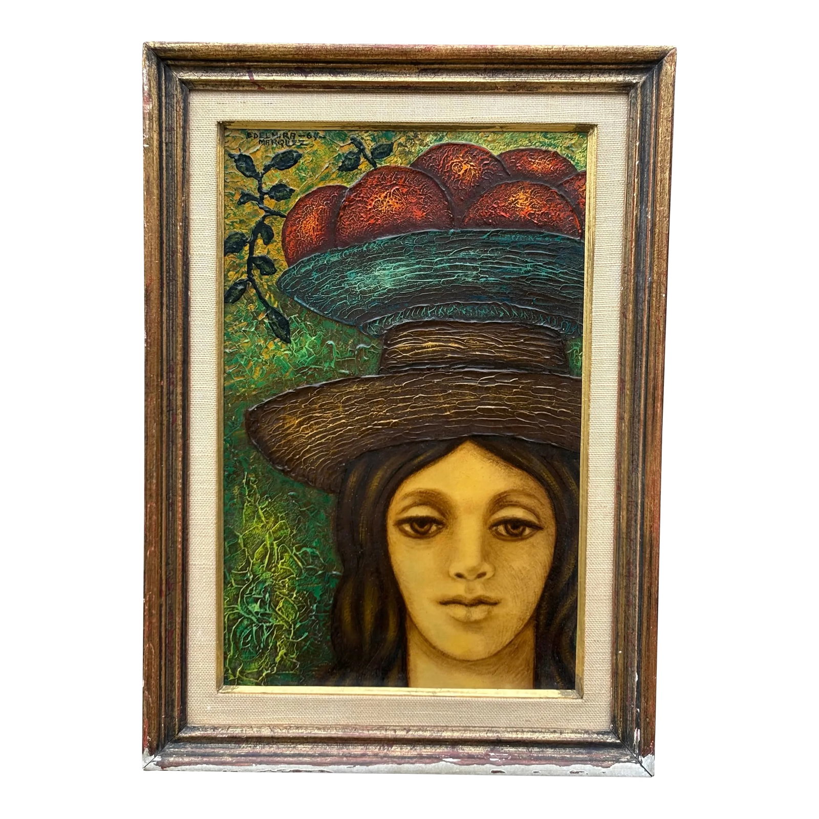 Edelmira Marquez 1964 Oil on Board Painting of a Young Woman, Framed: Edelmira Marquez 1964 Painting of a young woman with a basket of fruit on her head. Framed in what appears to be the original frame. Bottom edge shows losses to gilt and finish. Heavy textured