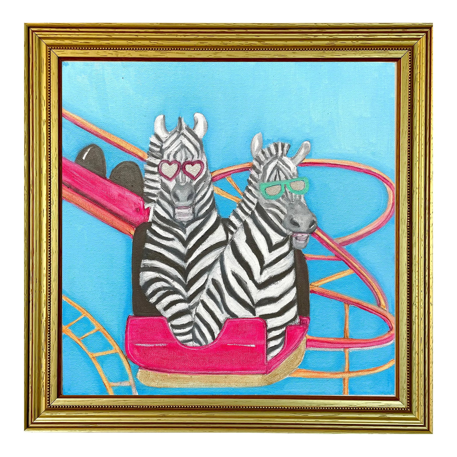 Whimsical Original Oil Painting of Two Zebras by Max and Alma: Max & Alma create kitsch, pop, feel-good art designed to elevate any space. This 12"x12" original oil painting of two zebras on a roller coaster, is framed to 14"x14. The frame is a gilded wooden