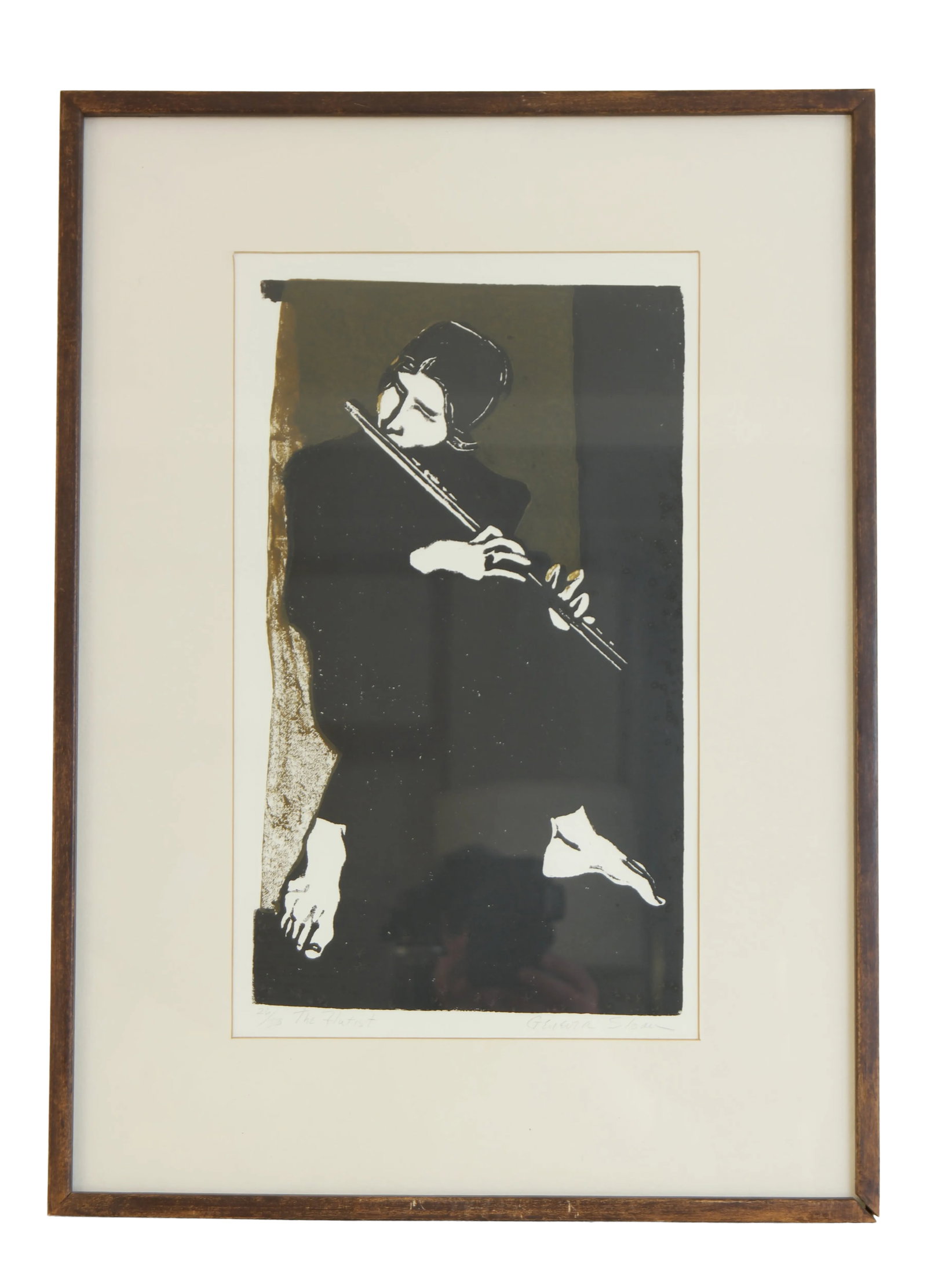 1970s Vintage Genevra Sloan "The Flutist" B&W Fine Art Print: This B&W silkscreen print is by the late artist Genevra Sloan, and is number 24 in a run of 38. The print appears to be in excellent condition, as it is protected by the glass and mat board. Glass