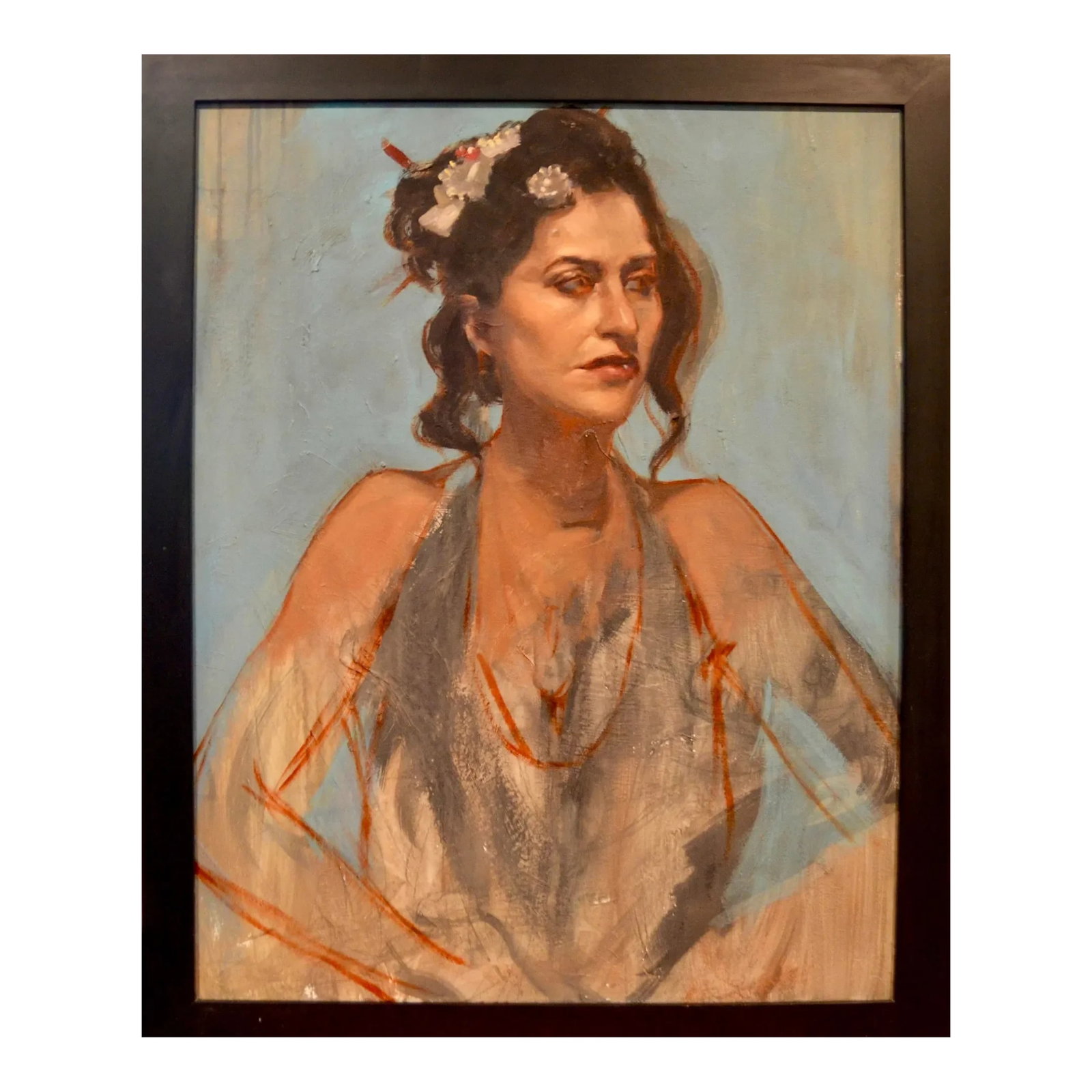 Late 20th Century Portrait Painting of a Girl, Framed: A fine painting of a beautiful striking Gypsy girl, unsigned. I admire the detail of the face with the intended sketchy body, it makes the expressive painting more dramatic. Condition: Alterations: Or