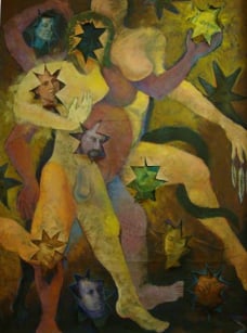 Large Abstract Oil on Canvas Backdrop Painting, Unframed: This is a very unique piece of art signed D. Chess. It is an oil on canvas collage. The top piece is very abstract and there are openings cut out of it to reveal portraits of people. May have been