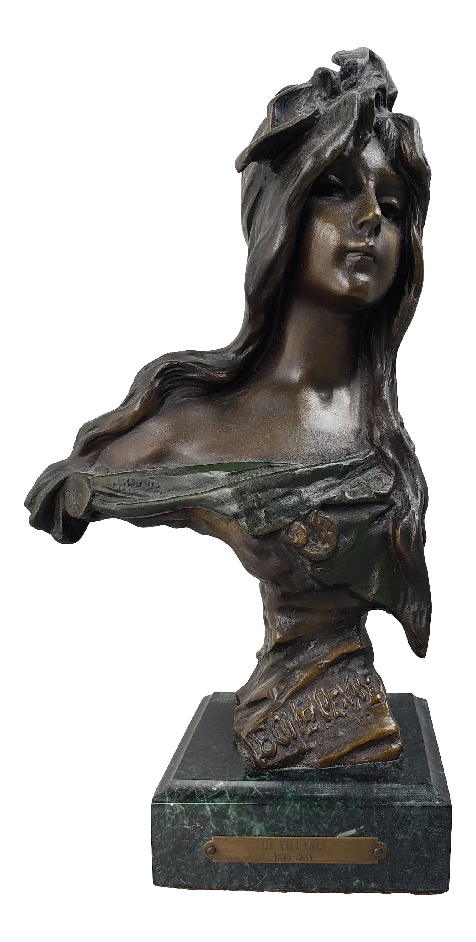 Emmanuel Villanis Bohemienne Bronze Sculpture: Emmanuel Villanis Bohemienne bronze sculpture on marble. Signed on front left side. Beautiful heavy bronze bust on marble base. 1858 on bottom below BOHEMIENNE. Just under 12" tall Condition: