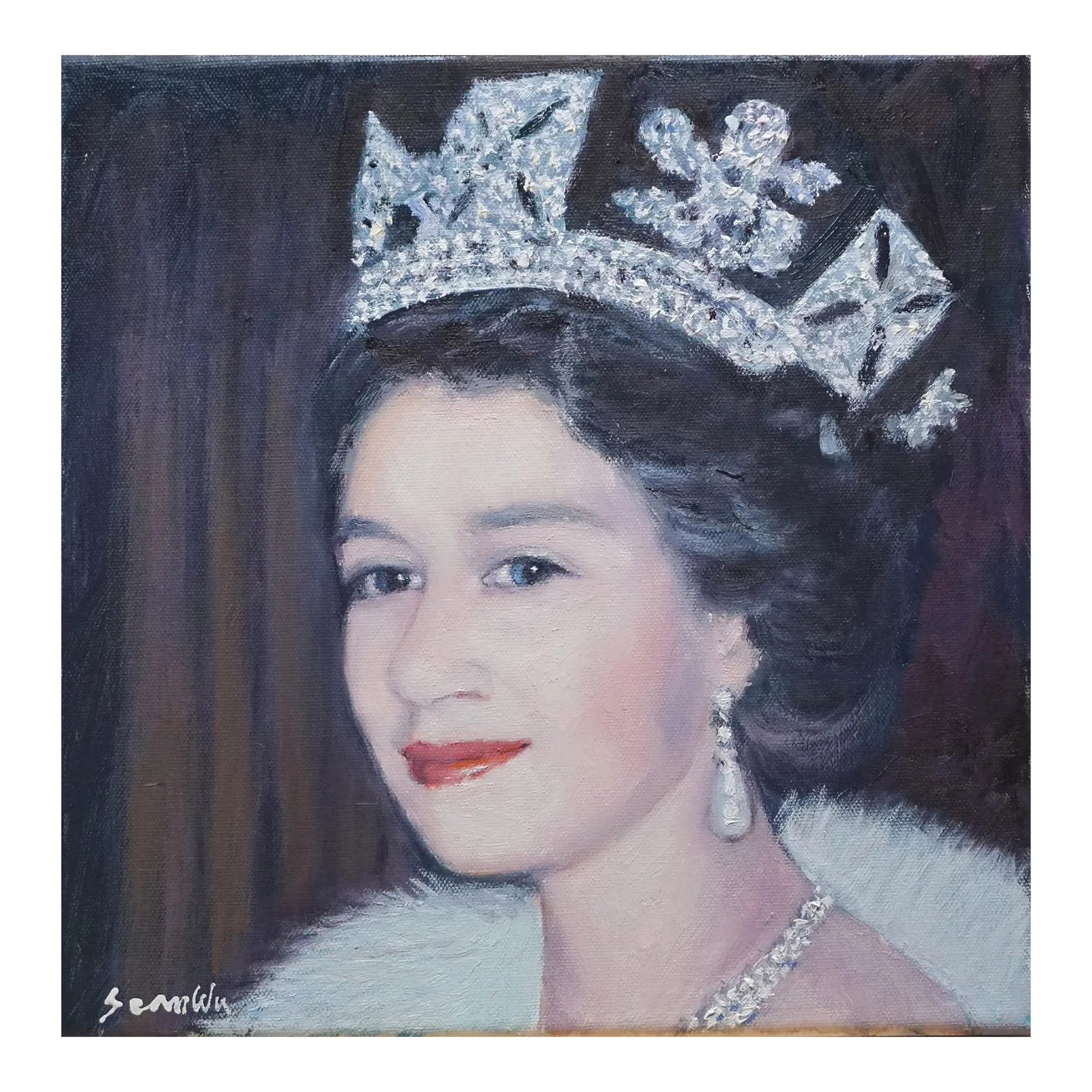Original Oil Portrait Painting of Queen Elizabeth II: Original oil portrait by Sean Wu. Young Queen Elizabeth II Condition: Imperfections: No Imperfections Condition Notes: brand new Origin: United States Materials & Techniques: Canvas PLACEHOLDER