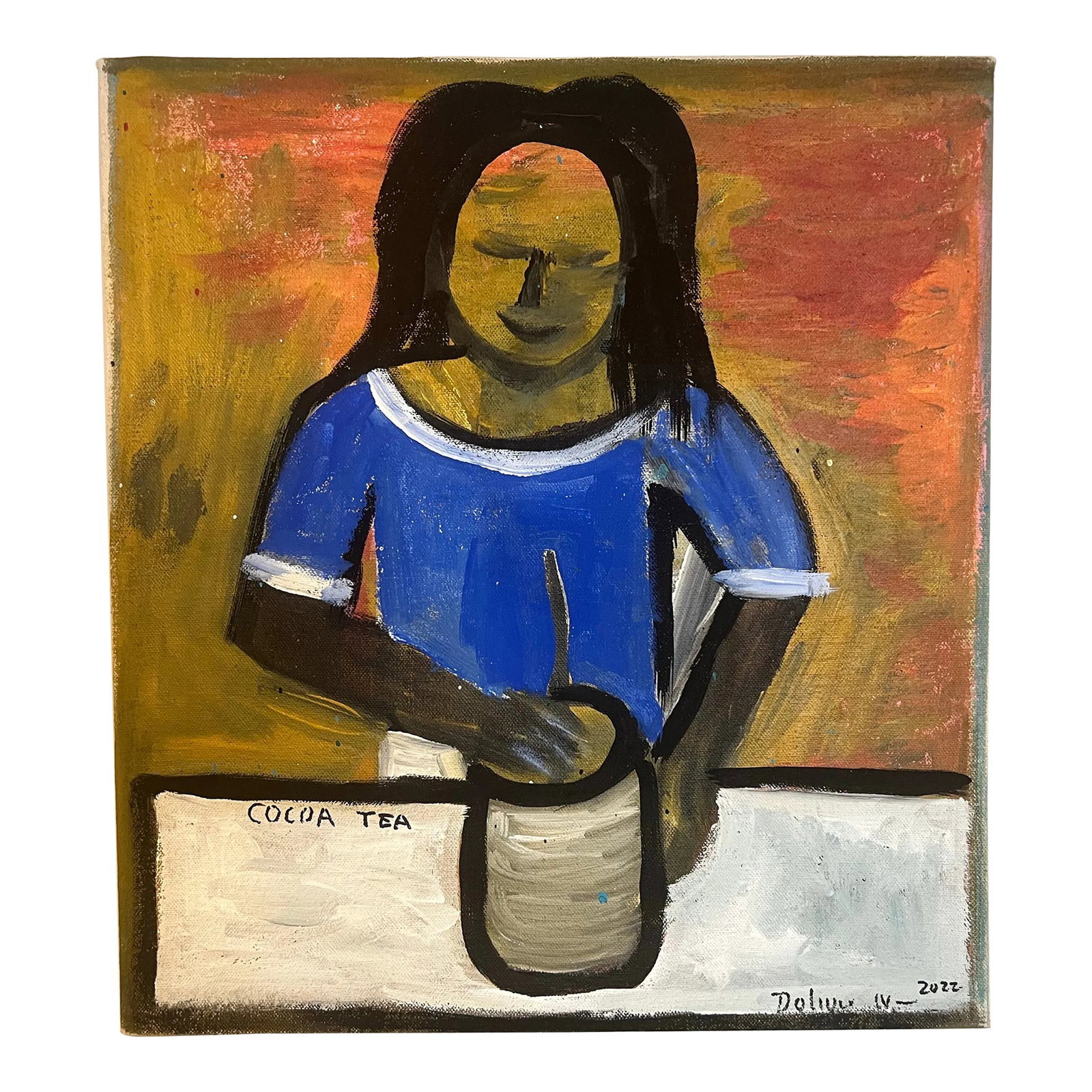 Doliver Morain (1959-), Folk Art Cocoa Tea Painting on Canvas, Signed & Dated: Doliver Morain (1959-), One Of A Kind Folk Art Painting On Stretched Canvas, Woman Making Grenada Cocoa Tea, Signed & Dated, 2022 Condition: Imperfections: Some Imperfections Condition Notes: