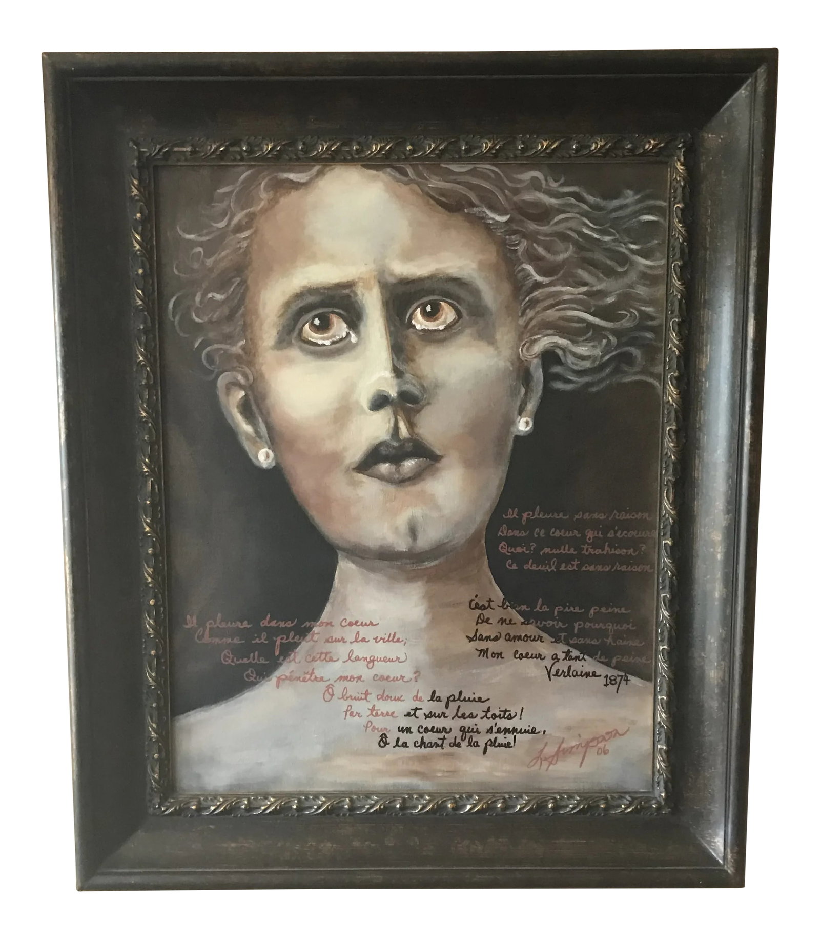 LuAnne Simpson "Tears Fall in My Heart" Original Signed Painting: Original Acrylic on canvas. A dark and moody portrait of a woman. Signed by LuAnne Simpson (1949-2016)The poem depicted on the portrait is: "Tears Fall in My Heart" by Paul Verlaine. Verlain was a