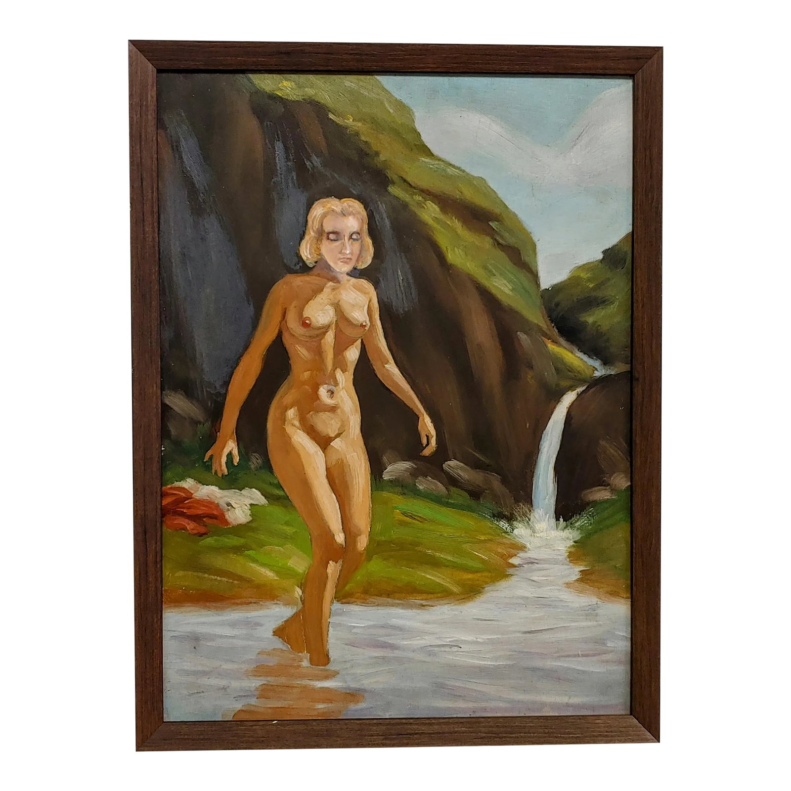 Mid 20th Century Nude Female in Stream Original Painting, Framed: Here's a fun 1950s era female enjoying a skinny dip. Unknown artist. Campy in style and great gallery wall piece. Condition: Alterations: Original Condition Unaltered Imperfections: Some