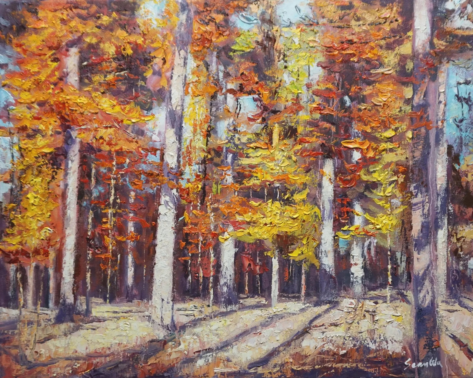 Original Oil Landscape Painting of Fall Woods: Original oil landscape by Sean Wu. Fall color in the woods Condition: Imperfections: No Imperfections Origin: United States Materials & Techniques: Oil Paint PLACEHOLDER SHIPPING NOTES: Winning