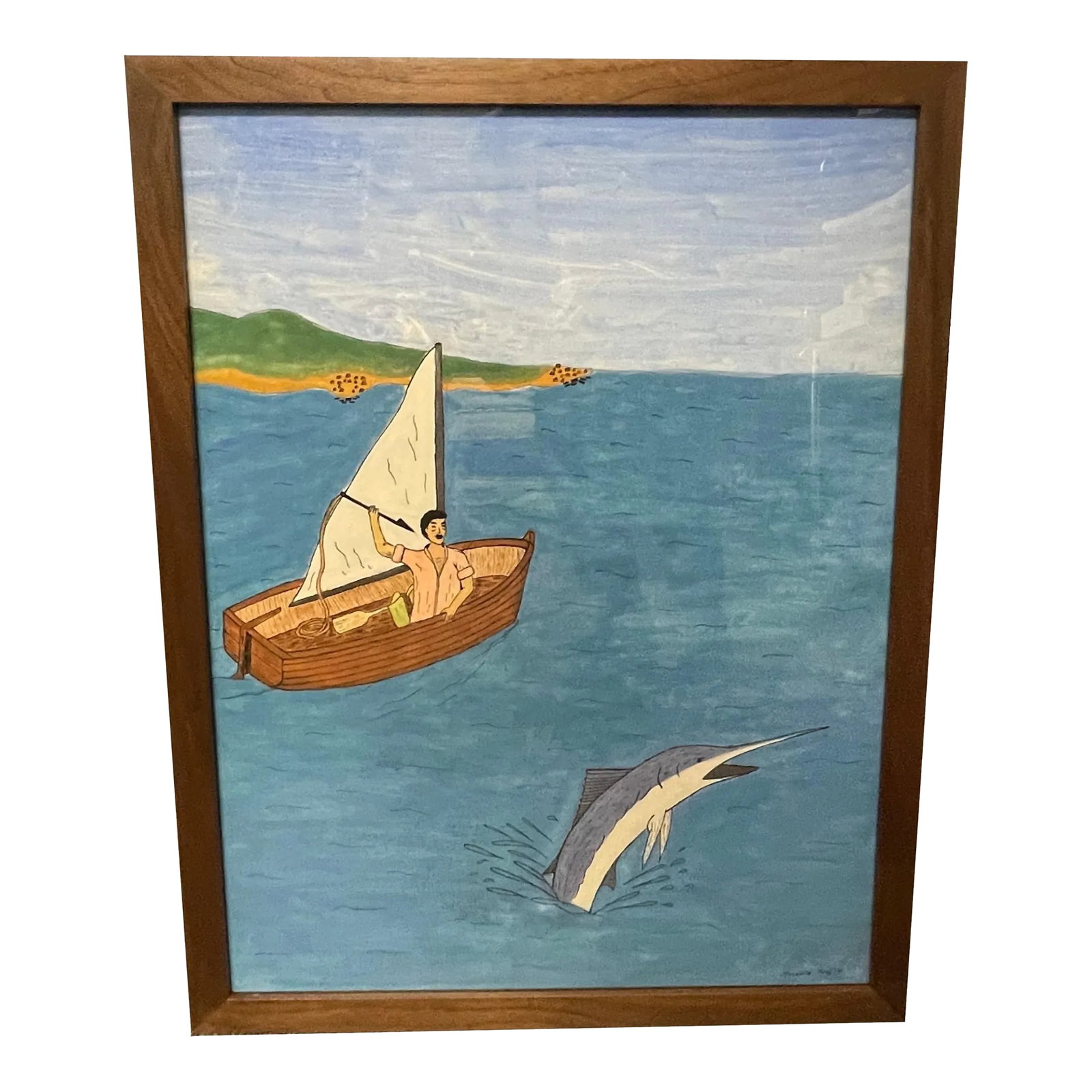 Illustration of "The Old Man and the Sea": This illustration of "The Old Man and the Sea" a book by Ernest Hemingway was painted by Marcello Luzi in 1981. The work is on paper using acrylic paint and India ink. The work is one of a kind and