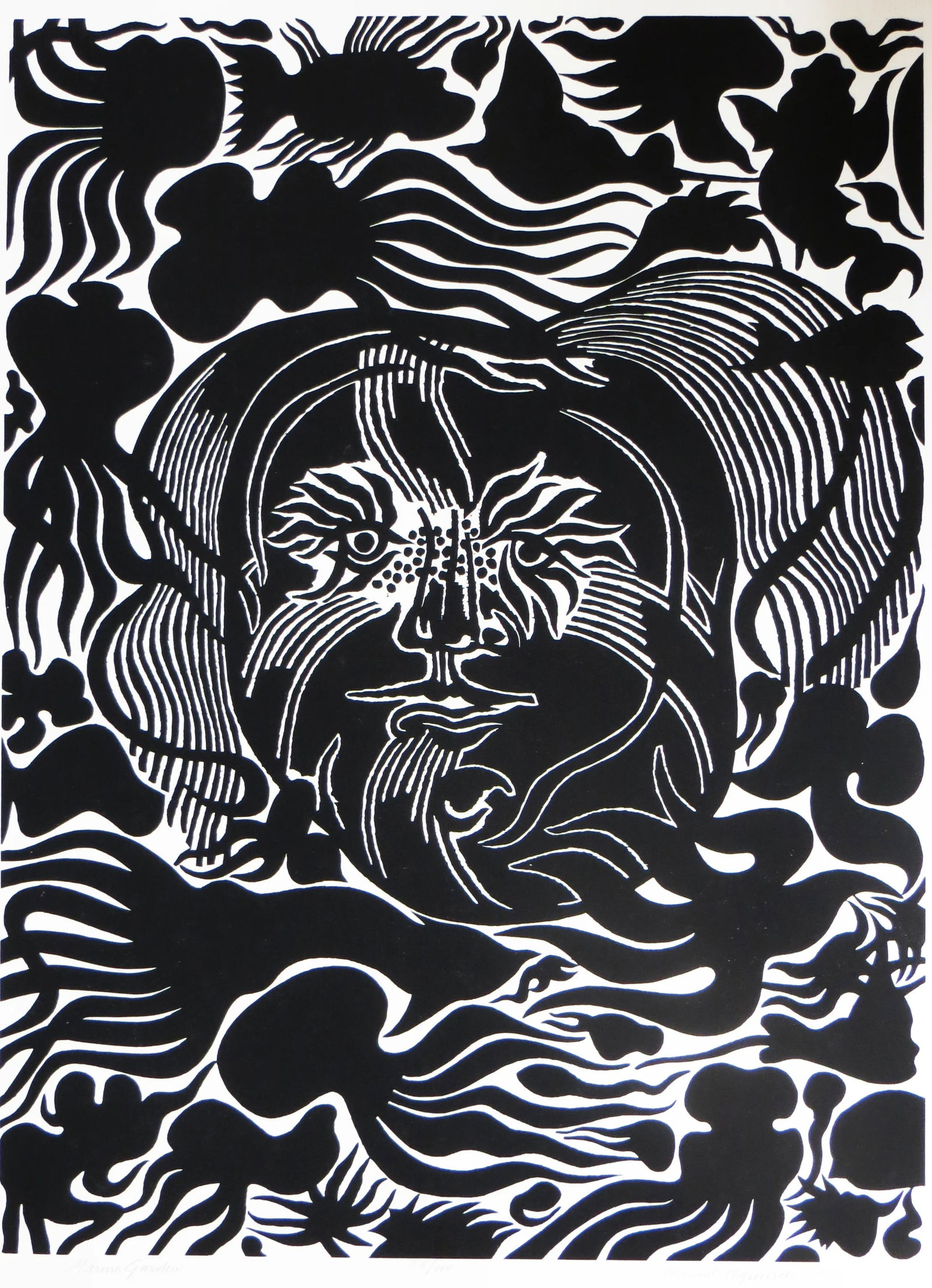 Manuel Izquierdo Marine Garden Woodcut: This exceptional woodcut is by Manuel Izquierdo (1925-2009). Izquierdo was born in Madrid, Spain, but moved to the U.S. in 1942. He spent most of his adult life in Oregon. There, he became a noted