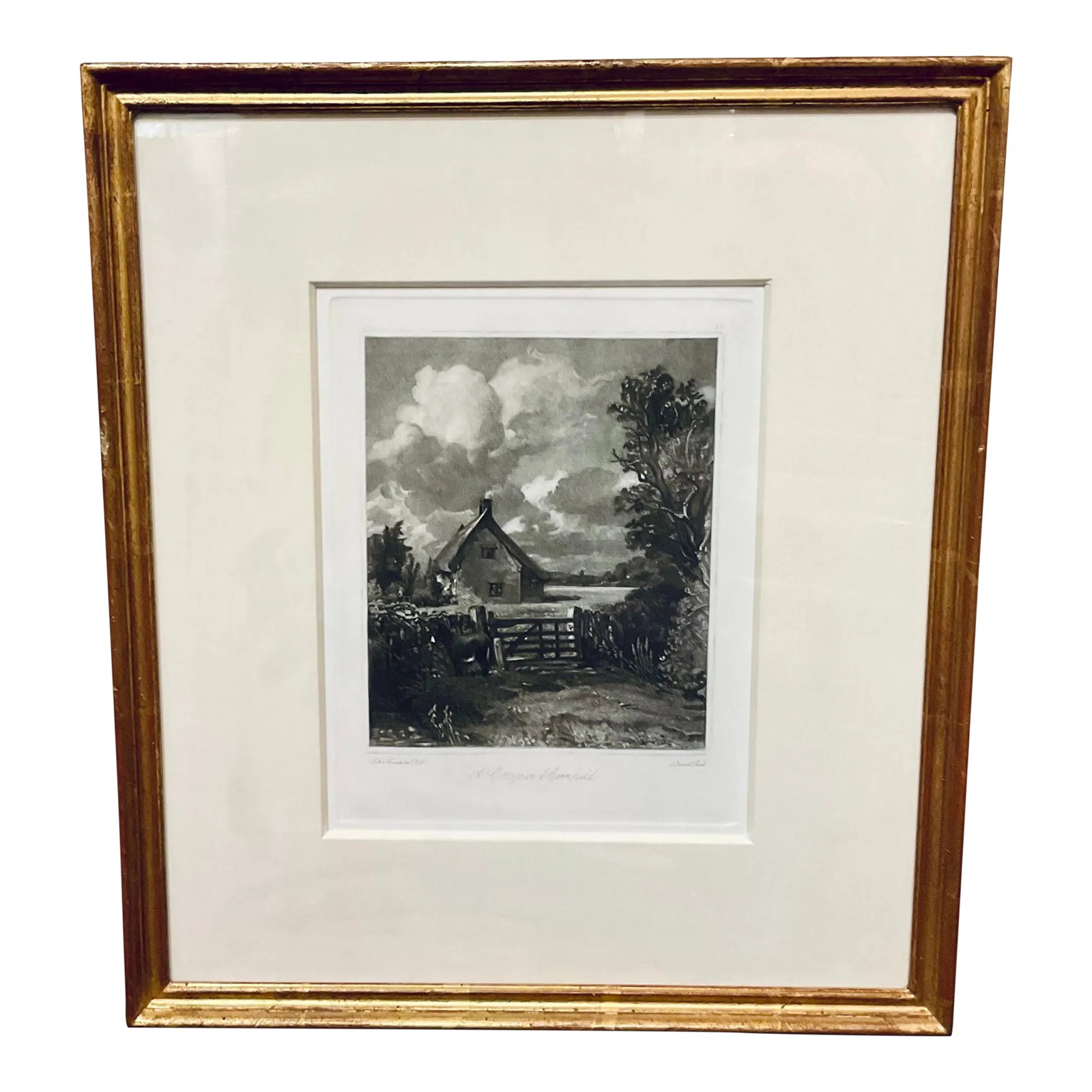 Antique Black and White Engraving Landscape of a Cottage of a Cornfield" by John Constable: Antique Black and White Engraving Landscape of "Willy Lott's House" by John Constable, hand wrapped cream silk matte, gold leaf finished wood frame circa Mid 1800's, I have six of these total with