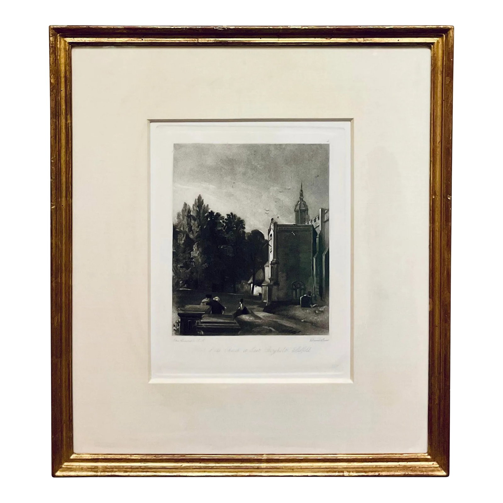 Antique Black and White Engraving Landscape "Porch of the Church at East Bergholt Suffolk" House" by: Antique Black and White Engraving Landscape of "Bridge of Church at East Bergholt Suffolk " by John Constable, hand wrapped cream silk matte, gold leaf finished wood frame circa Mid 1800's, I have