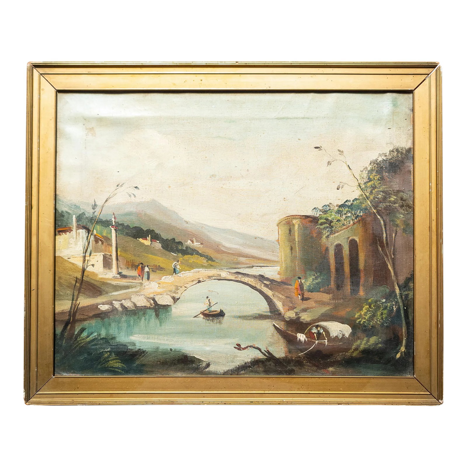20th Century Italian Grand Tour Landscape Oil Painting on Canvas: We are selling this antique rustic Italian landscape painting. This simple painting features an Italian landscape with some ruins and figures and bridge. The painting is quite Naive and probably done