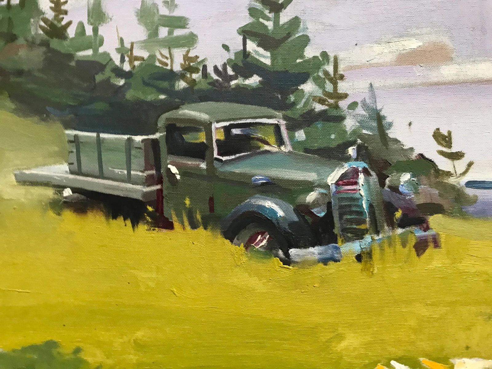 Gray Truck in the Grass by the Maine Shoreline Oil Painting - 2