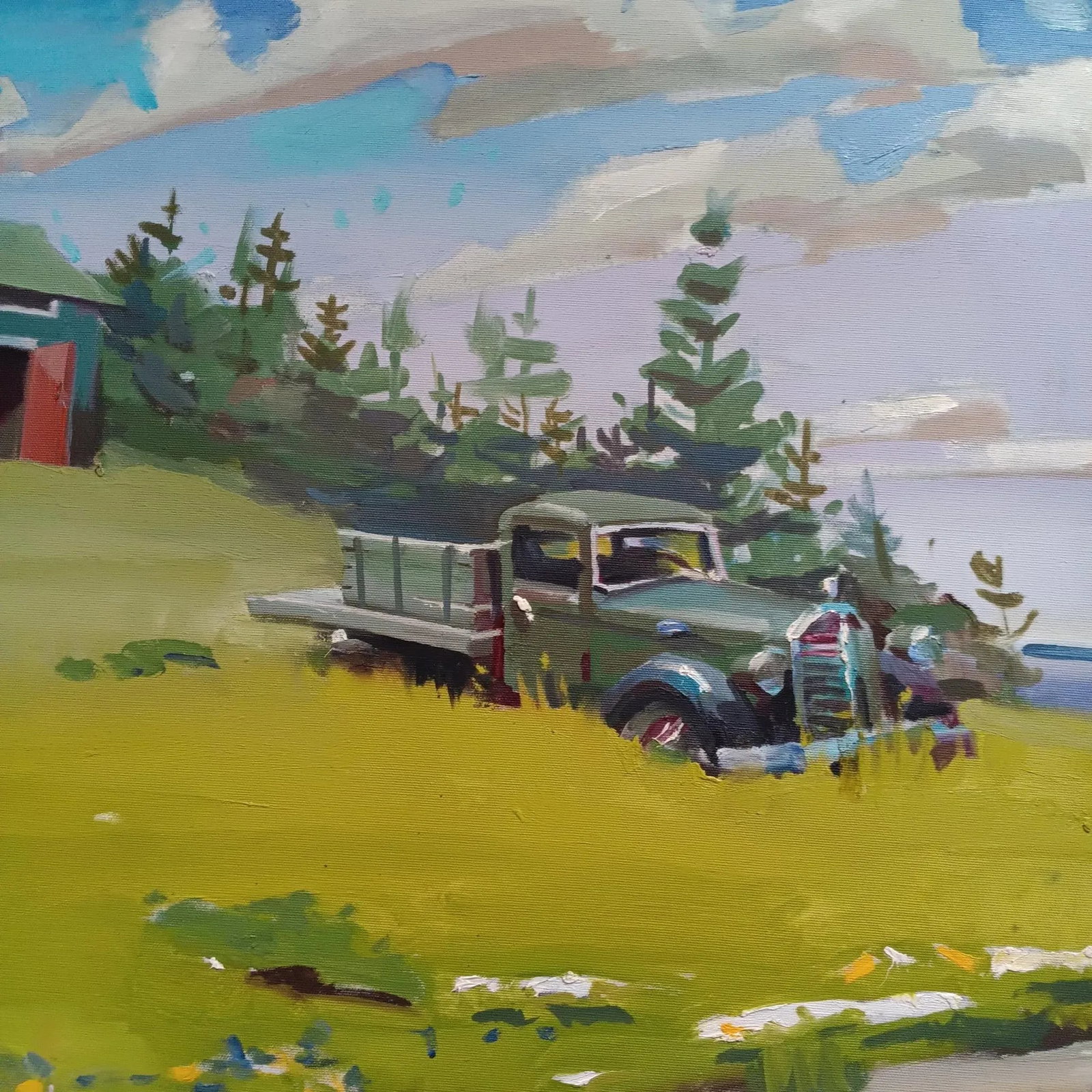 Gray Truck in the Grass by the Maine Shoreline Oil Painting - 4