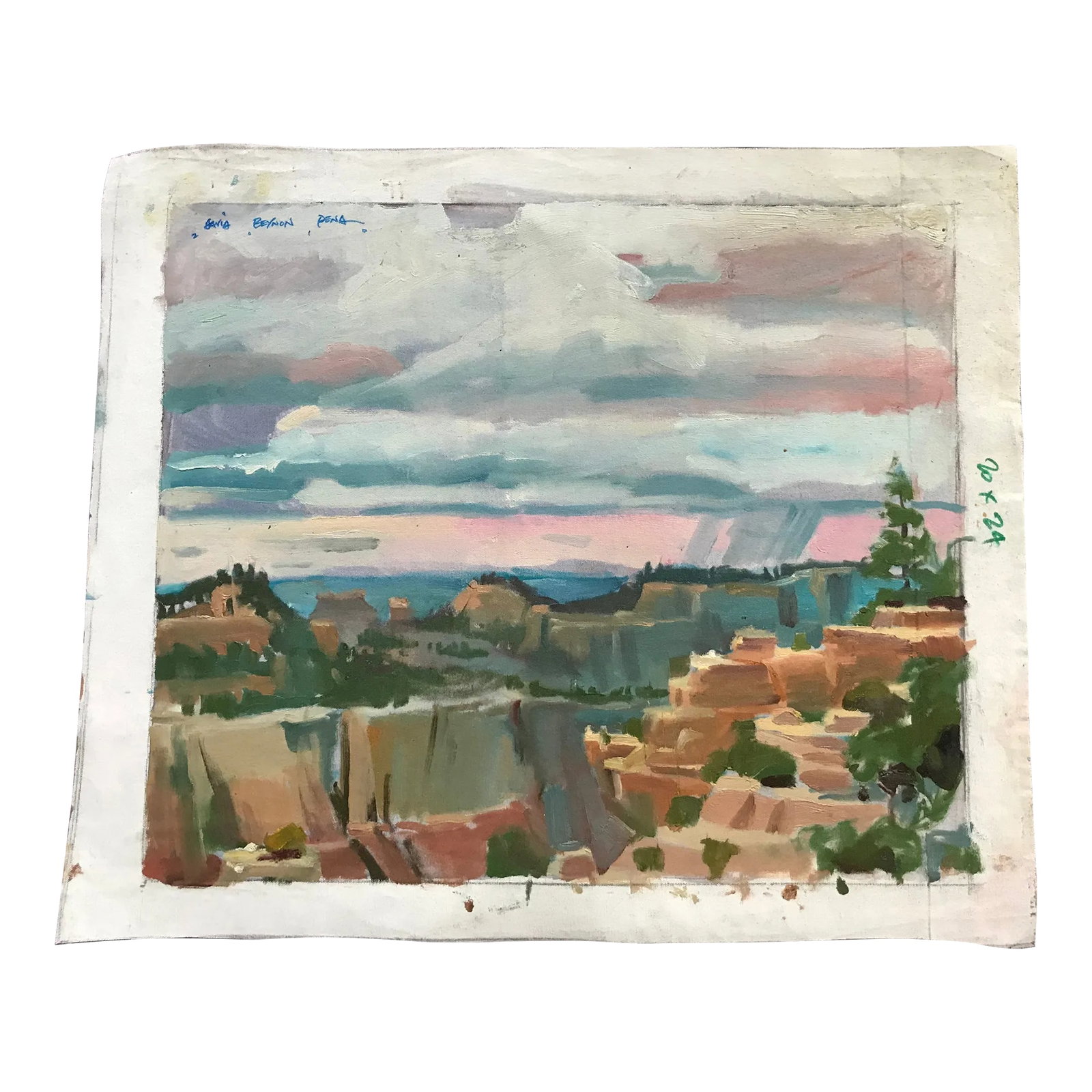 Red Rock Formations on a Blue Sky Day Original Oil Painting: This original David Beynon Pena original oil painting of the red rock formations in Red Rock State Park, Arizona was done on location during a painting trip out west with his friend, Rusty.
