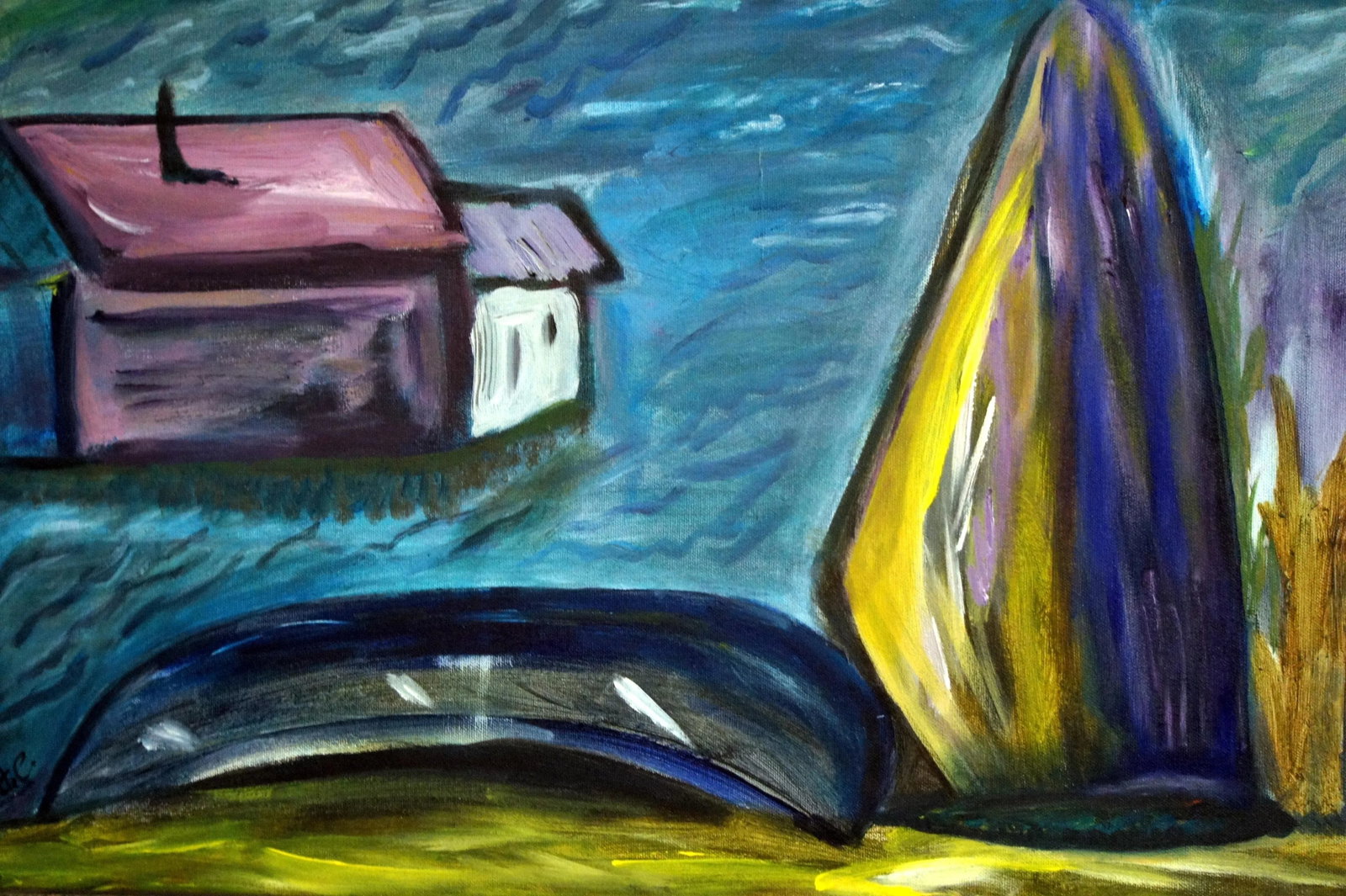 1980s Colette Calilhanna "Purple Village" Expressionist Acrylic Framed Painting - 10