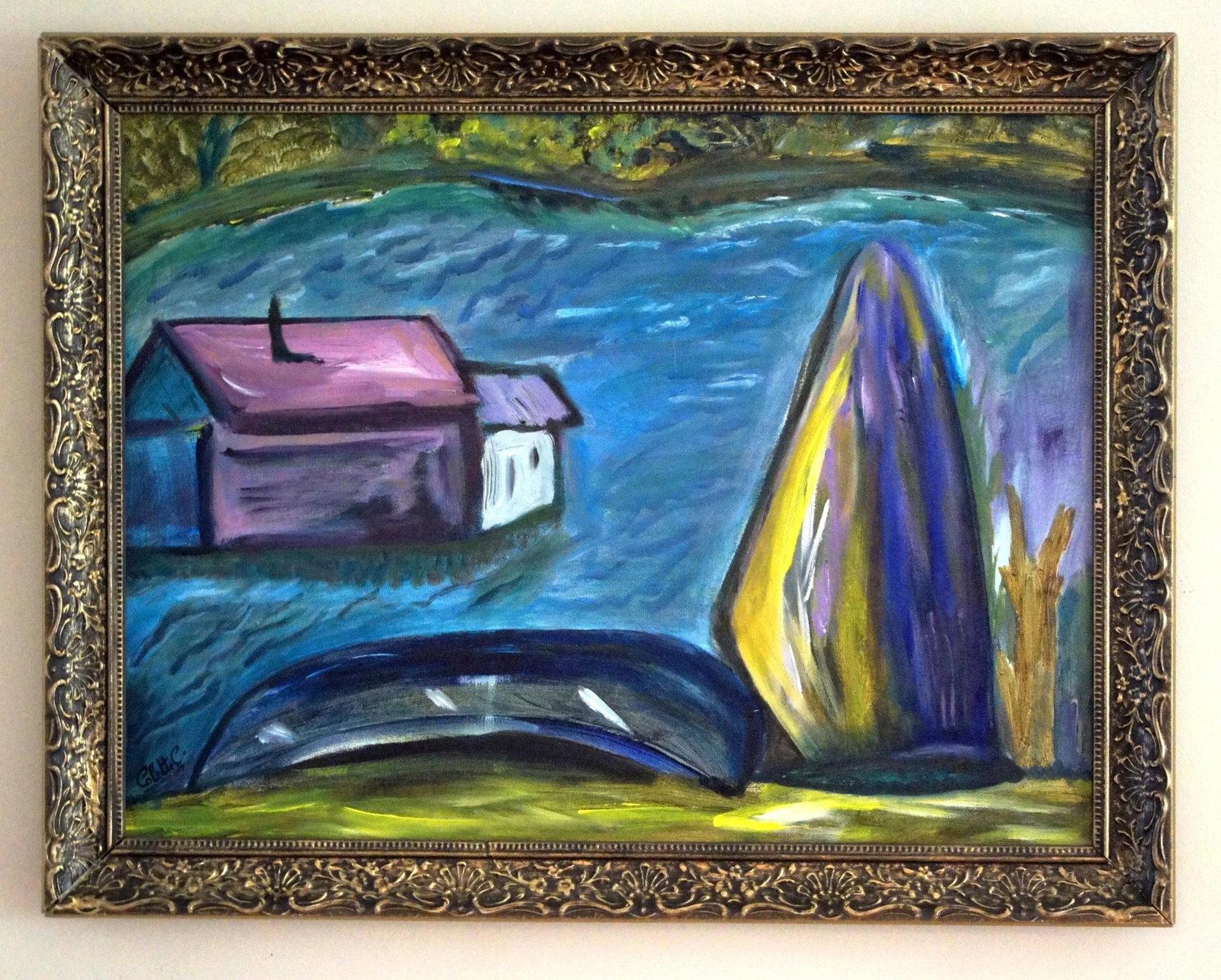 1980s Colette Calilhanna "Purple Village" Expressionist Acrylic Framed Painting - 11