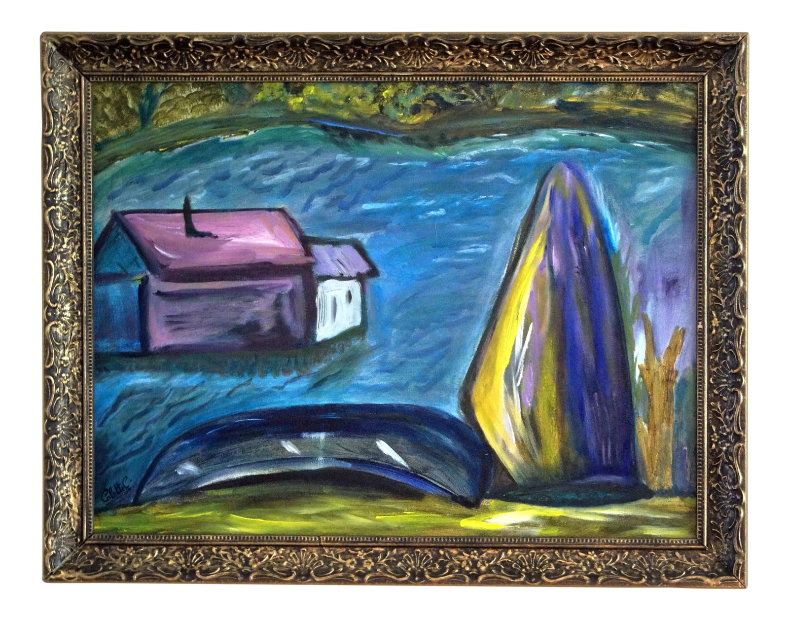 1980s Colette Calilhanna "Purple Village" Expressionist Acrylic Framed Painting: A framed Colette Calilhanna expressionist acrylic painting titled "Purple Village". Features a rich jewel-toned palette of aquamarine blues, amethyst purples and citrine yellows. Signed by the artist 