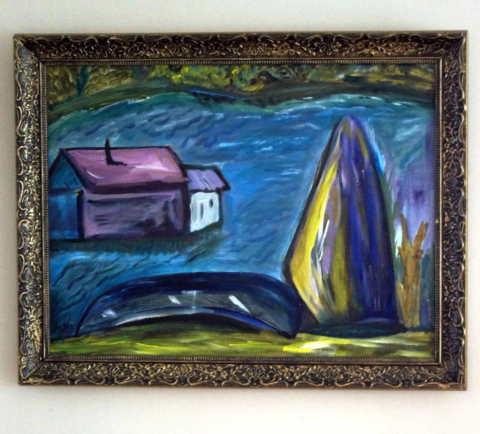 1980s Colette Calilhanna "Purple Village" Expressionist Acrylic Framed Painting - 3