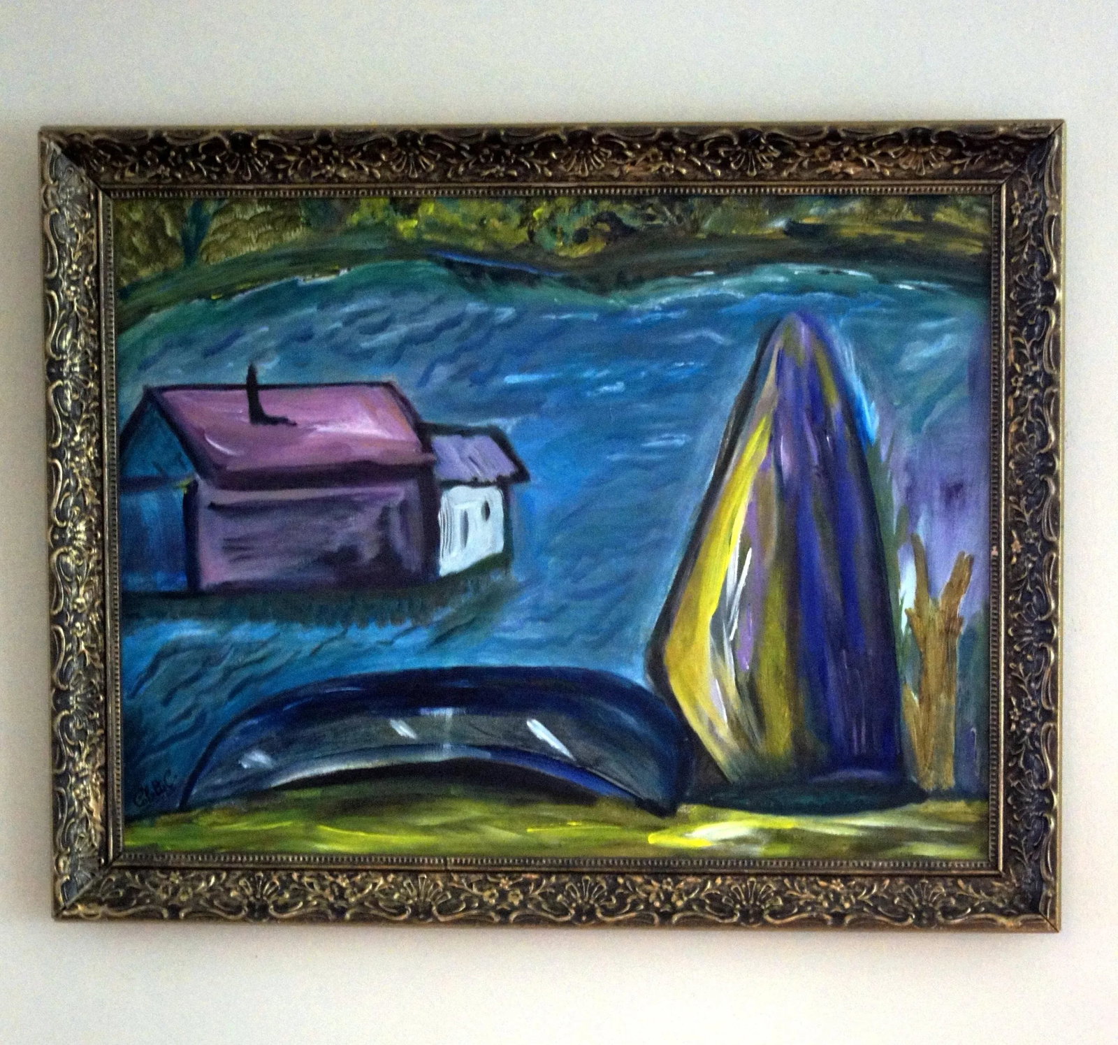1980s Colette Calilhanna "Purple Village" Expressionist Acrylic Framed Painting - 4