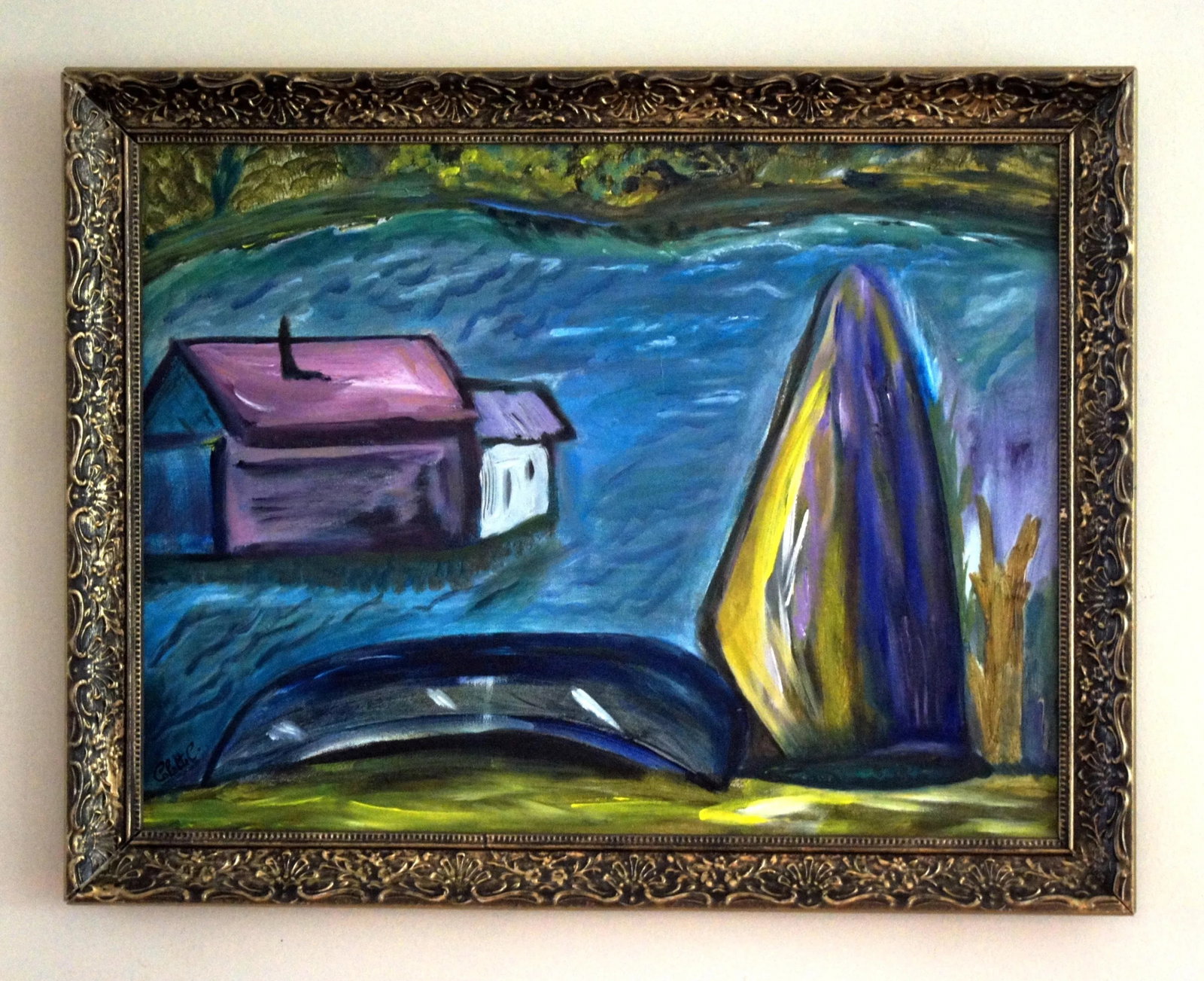 1980s Colette Calilhanna "Purple Village" Expressionist Acrylic Framed Painting - 5