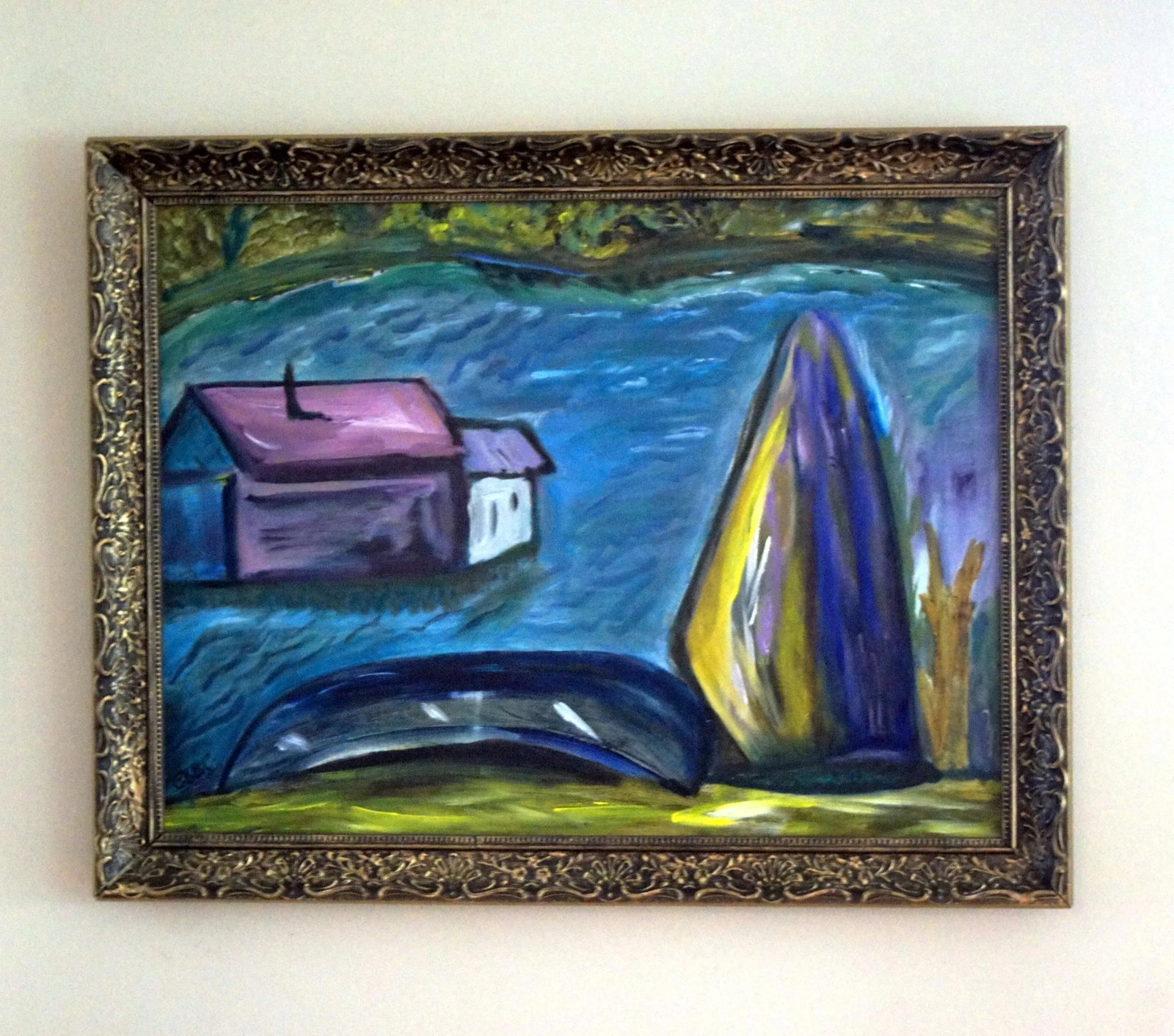 1980s Colette Calilhanna "Purple Village" Expressionist Acrylic Framed Painting - 6