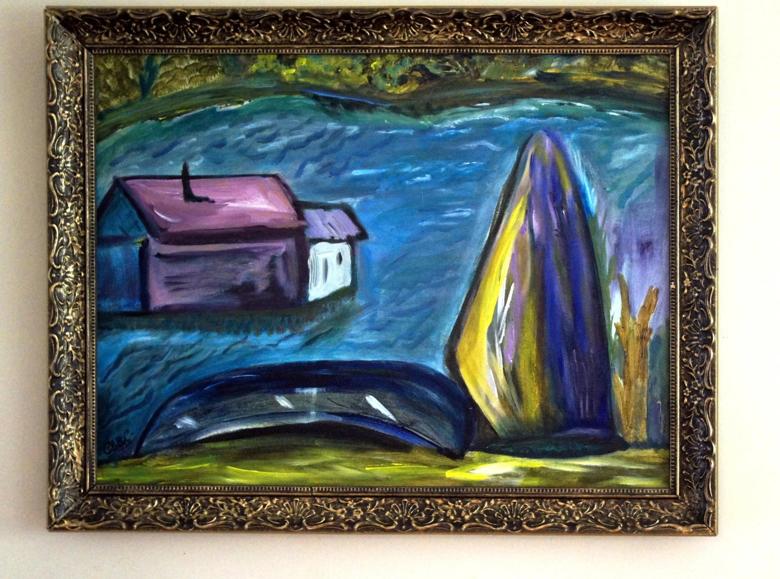 1980s Colette Calilhanna "Purple Village" Expressionist Acrylic Framed Painting - 7