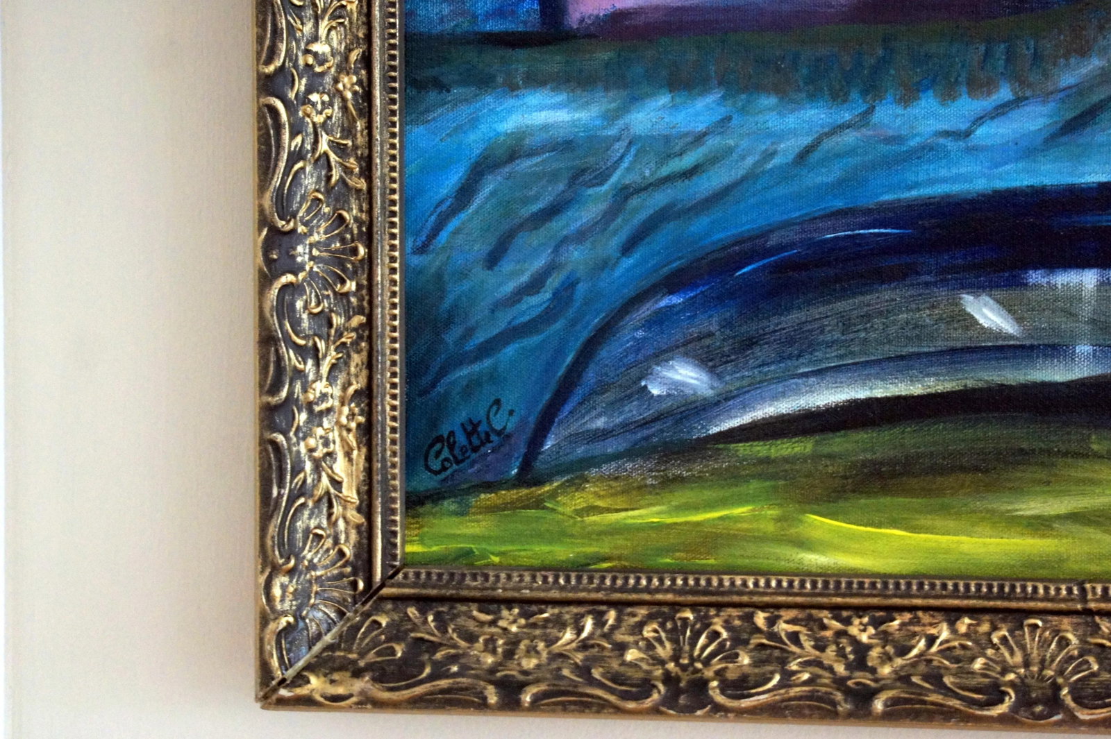 1980s Colette Calilhanna "Purple Village" Expressionist Acrylic Framed Painting - 9