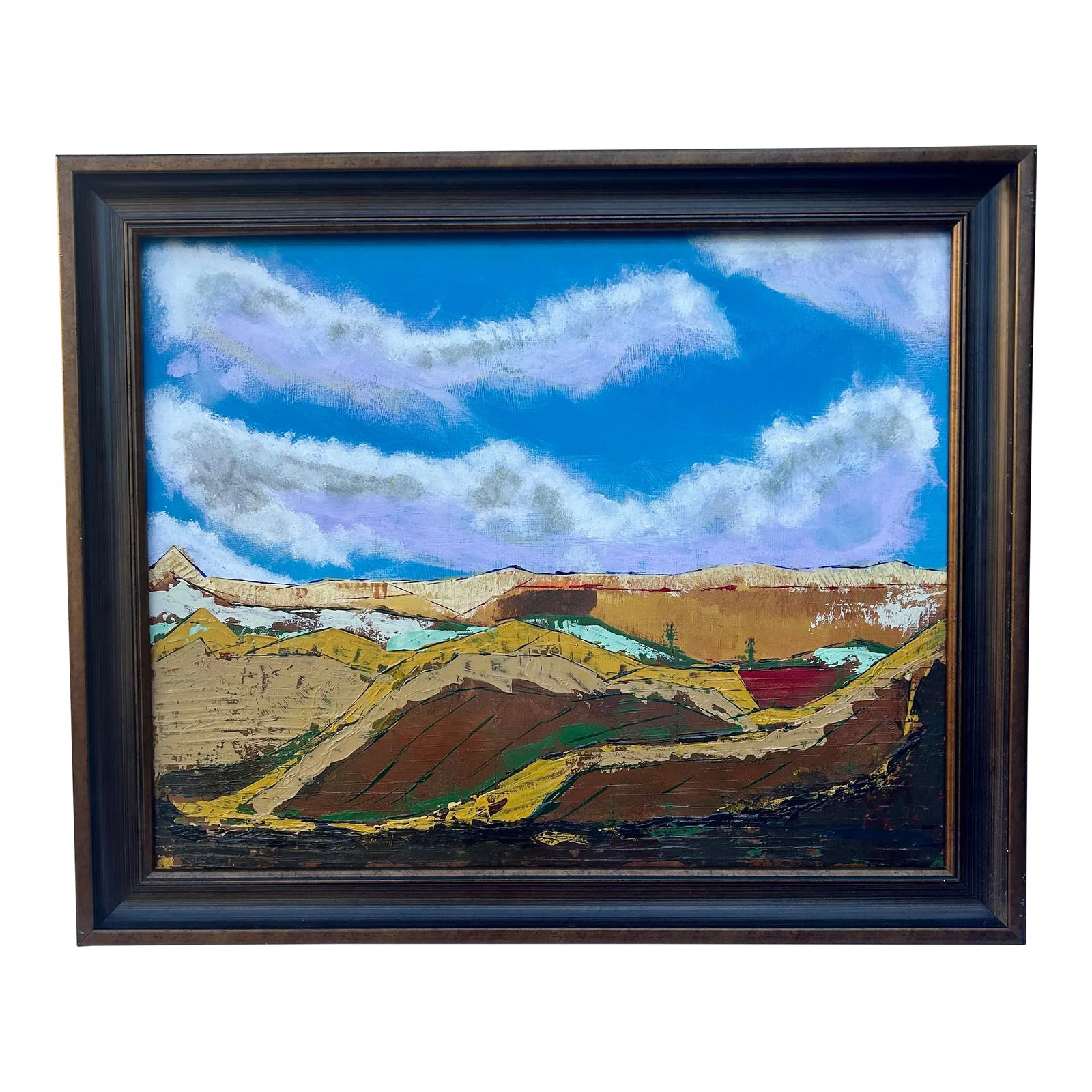 Original Abstract Western Landscape Acrylic on Board, Framed: This striking original abstract painting of western landscape is rendered in vibrant Mid-20th Century colors from the clear blue sky down to the dusty terrain. The painting is handsomely framed in sol