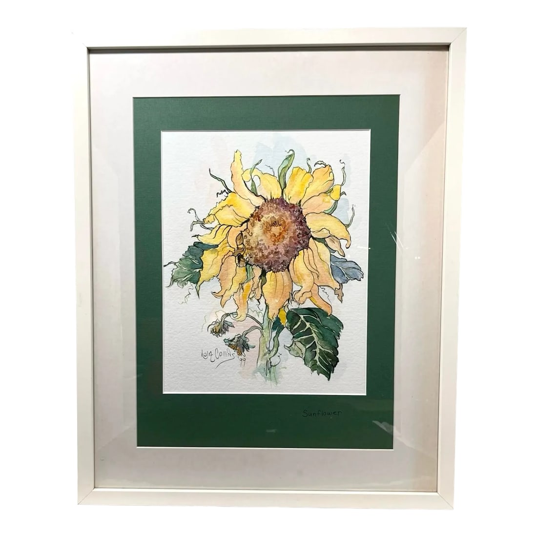 Vintage Sunflower Still Life Watercolor, California Artist., Signed: Add some color to your decor with this beautiful sunflower watercolor by California Artist, Lola Collins. This watercolor is in its original cream-colored wood frame and in excellent condition with bo