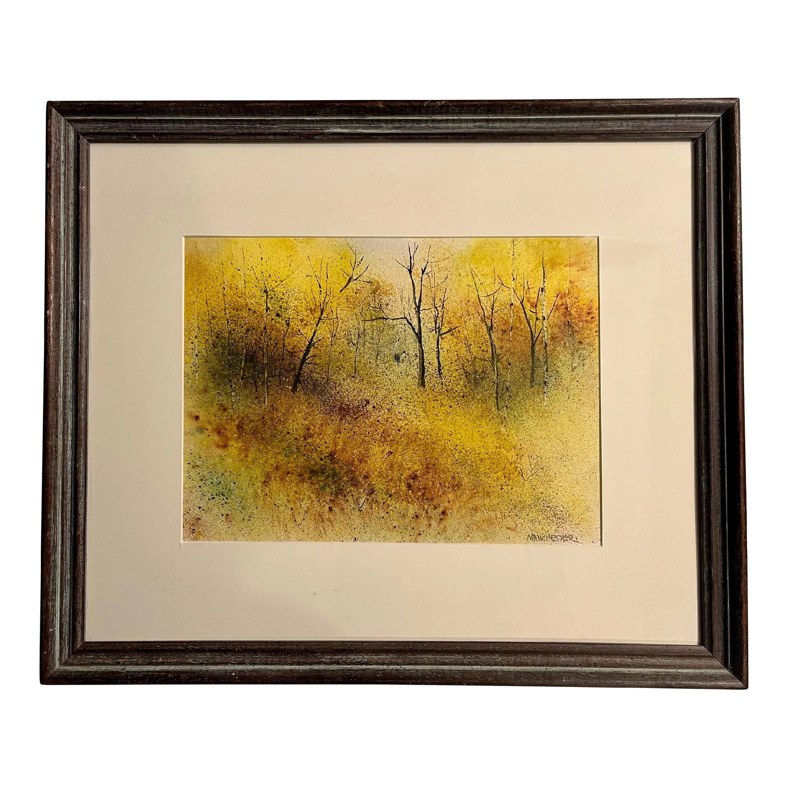 Vintage Al Manchester Signed Yellow Forest Watercolor Painting: Original Vintage by American Artist AL MANCHESTER Signed Yellow Forest Watercolor Painting Aprox. dimensions: Frame: 19" x 16" Visible area: 11.5" x 8.5" Very good original condition! Newly framed