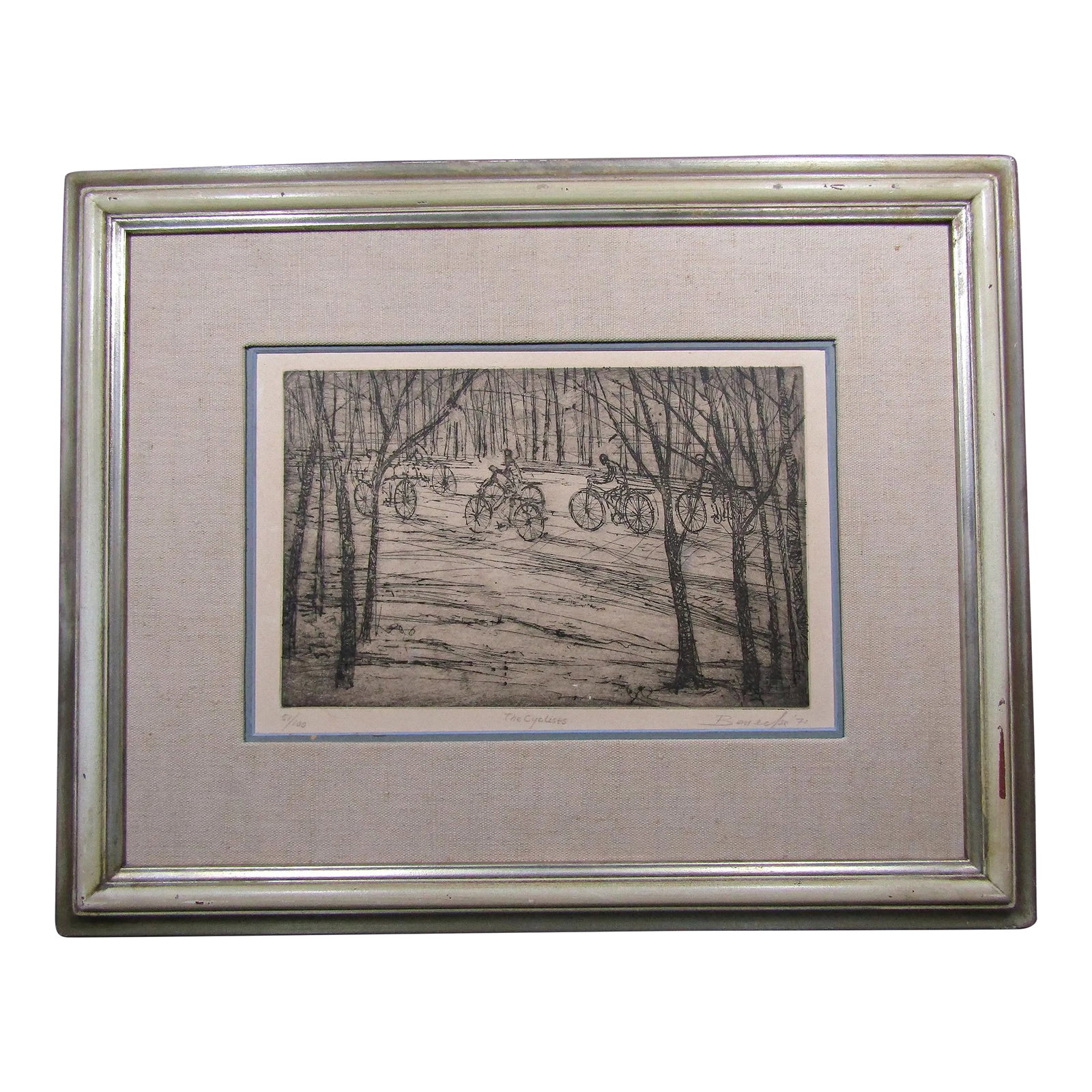 1970s Signed William Benecke "The Cyclists" Limited Edition Etching Aquatint Drypoint 51/100 Art Pri (1 of 8)