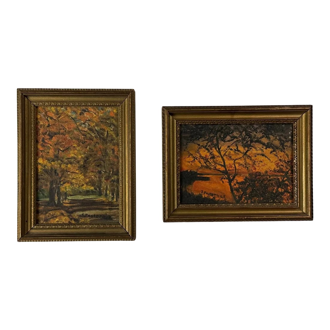 Pair of Expressionist Autumn Landscapes, Signed (C. 1960, Framed): Two small autumn landscapes on canvas board by Florence Pasternek. Housed in painted wood frames. Signed in the lower left and right of the canvas board. Original name and address in pencil en verso.