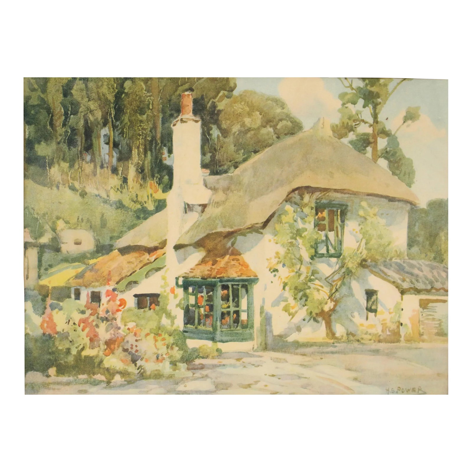 "The White Cottage Perinck" Signed Gustavian Swedish Landscape Print: Gustavian Swedish print on heavy artist paper. Presented in pretty soft shades of pale blues, grays, and creams are common, inspired by Swedish landscape and needed for brightness during long