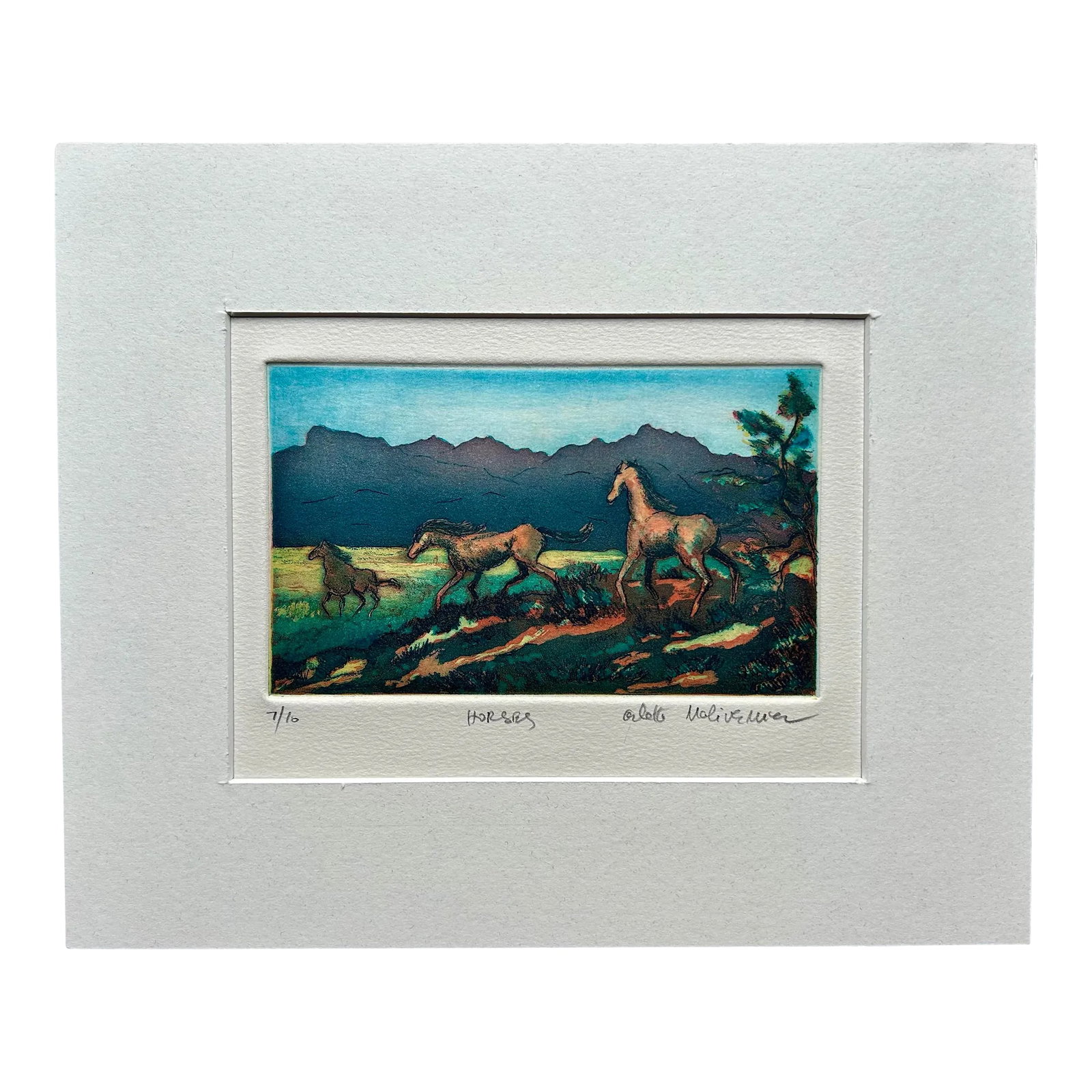 Contemporary Hand Colored Etching of Horses in Field: Original hand colored etching by listed French artist Arlene Malivernier. Features three horses in a field. Pencil signed to the lower right, numbered to the lower left 7/10. Unframed, image measures