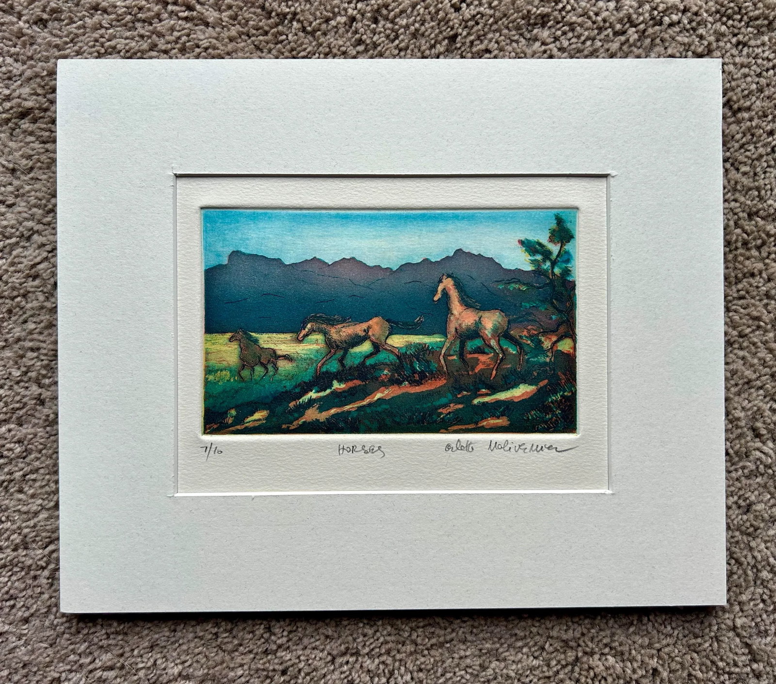 Contemporary Hand Colored Etching of Horses in Field - 2